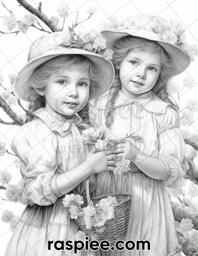 Spring Vintage Girls Grayscale Adult Coloring Pages