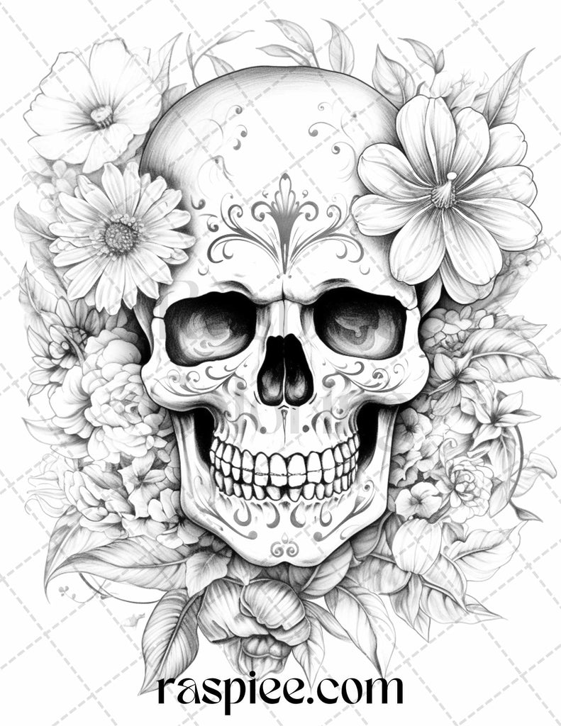 Floral Skulls Grayscale Coloring Page