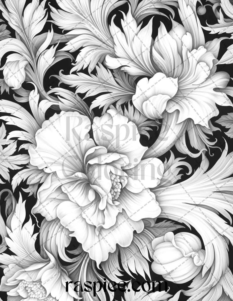 Vintage Floral Patterns Grayscale Coloring Page