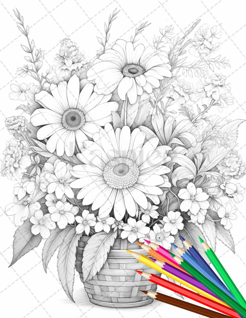 Flower Baskets Grayscale Coloring Pages