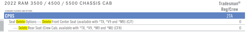 2022 Ram HD Optional Seat Delete