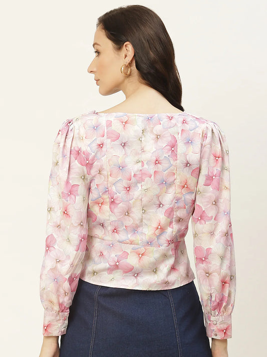 Pink Floral Crop Top With Knot – Fashionestan