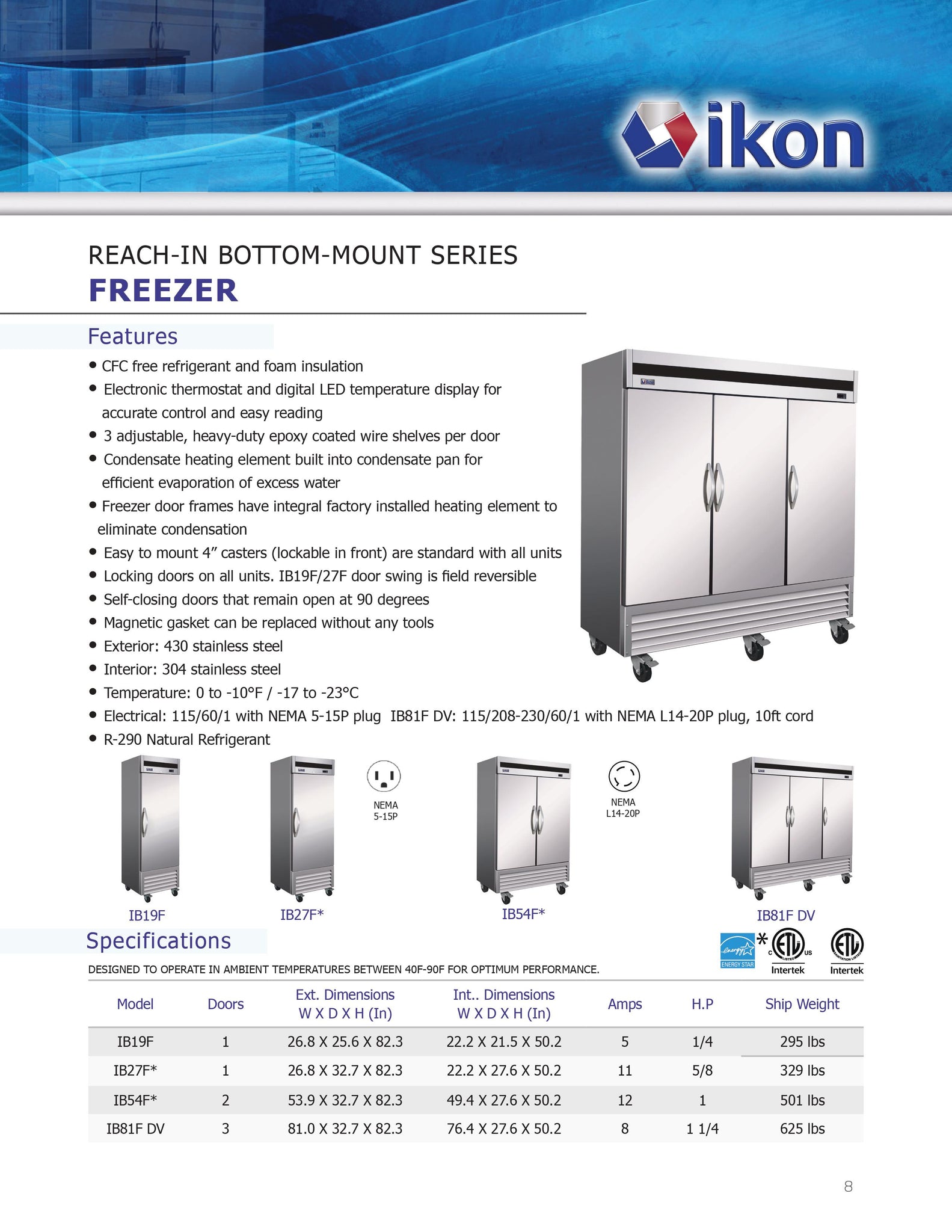 Ikon IB27F 27" One Section Solid Door Reach-In Freezer