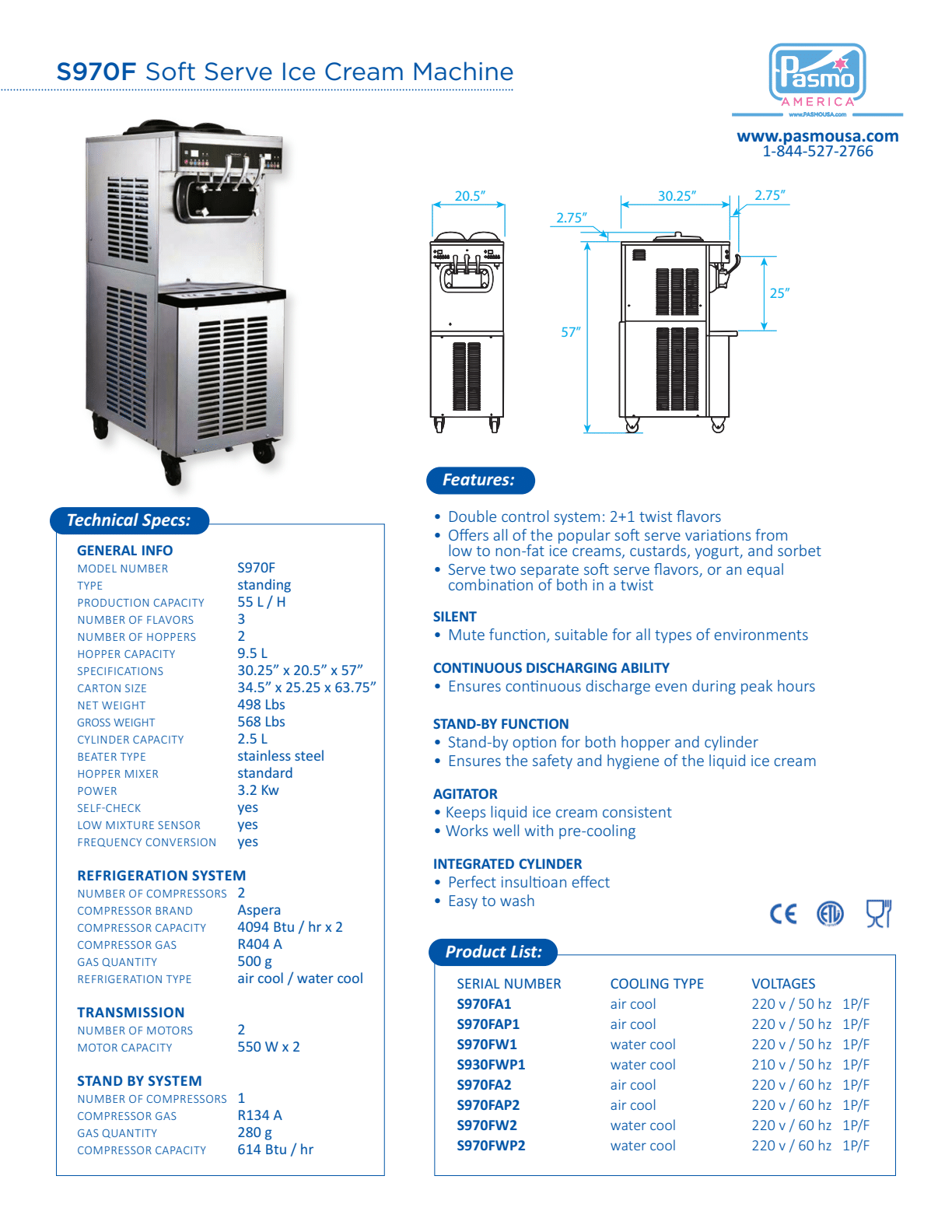 Pasmo S970FA2 Air Cooled Floor Model Soft Serve Ice Cream Machine with 2 Hoppers, and 3 Dispensers - 220V