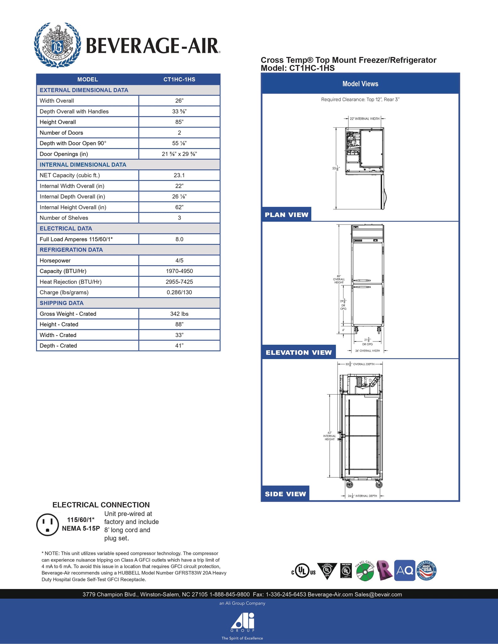 Beverage-Air CT1HC-1HS 26" Cross Temp Series One Section Half Solid Door Dual Temperature Reach-In Refrigerator / Freezer