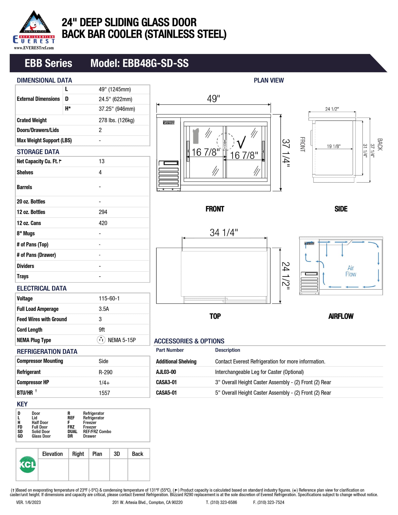 Everest EBB48G-SD-SS 48" Extra Deep Stainless Steel Two Section Sliding Glass Door Back Bar Cooler