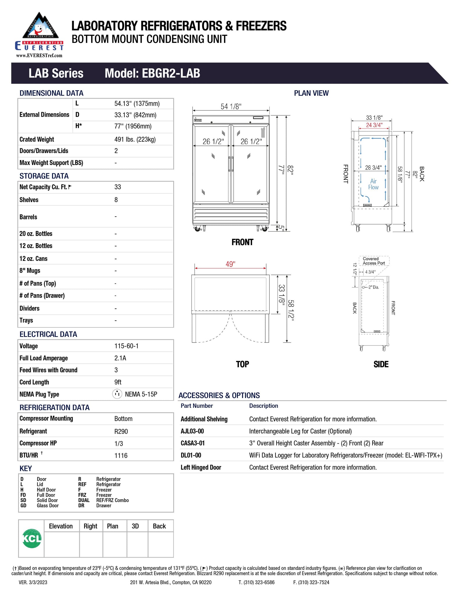 Everest EBGR2-LAB 54" Two Section Glass Door Laboratory Refrigerator