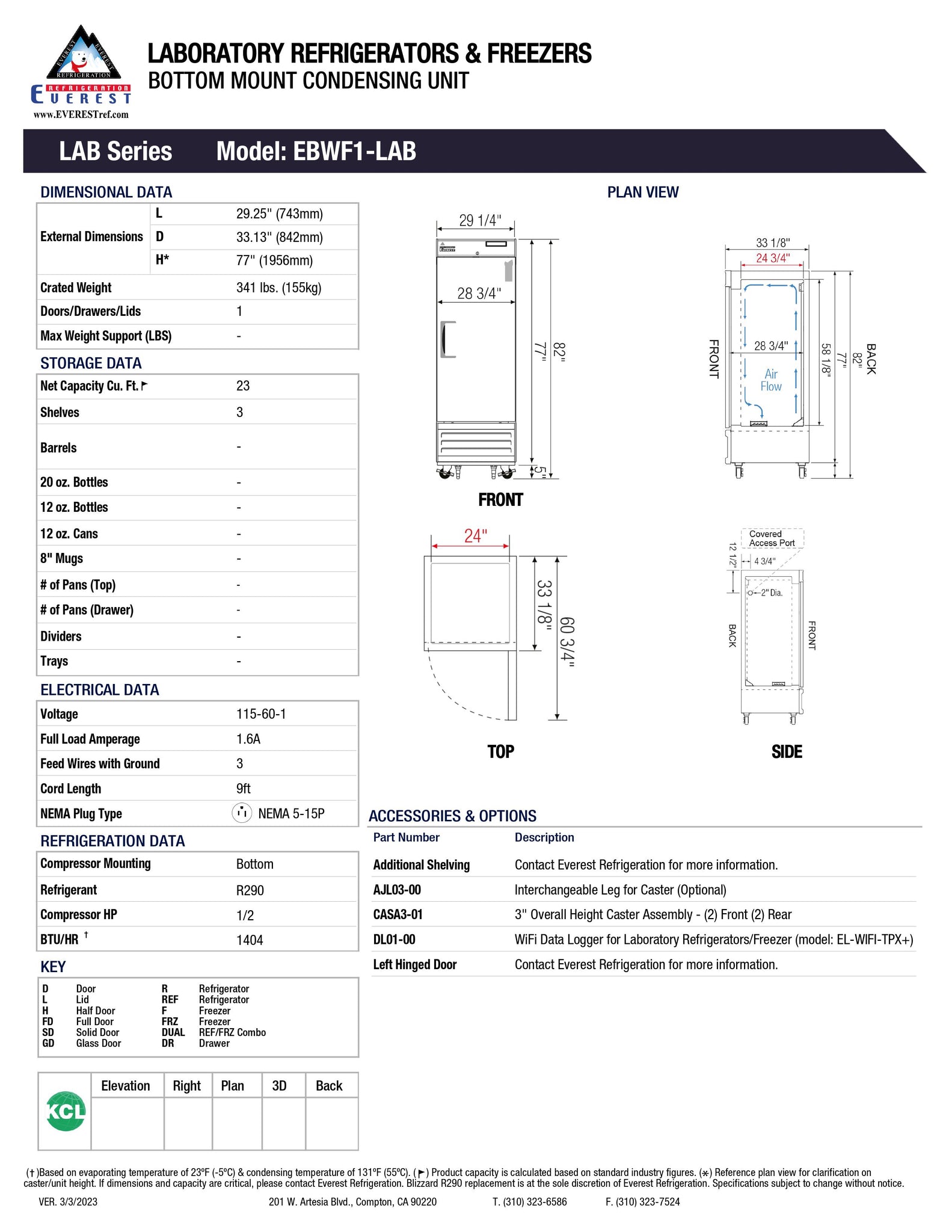 Everest EBWF1-LAB 29" One Section Solid Wide Door Laboratory Freezer