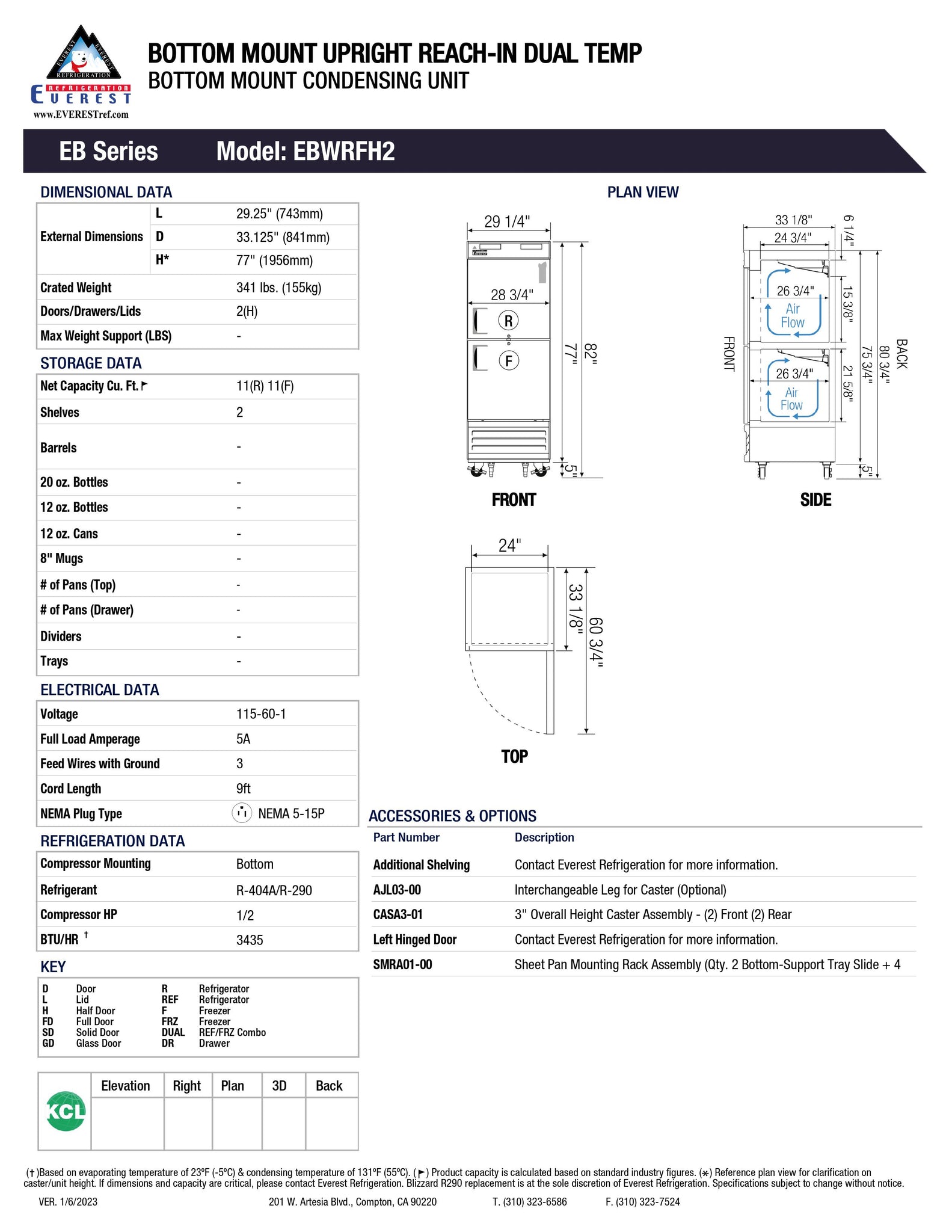 Everest EBWRFH2 29" One Section Solid Wide Half Door Dual Temperature Reach-In Refrigerator / Freezer