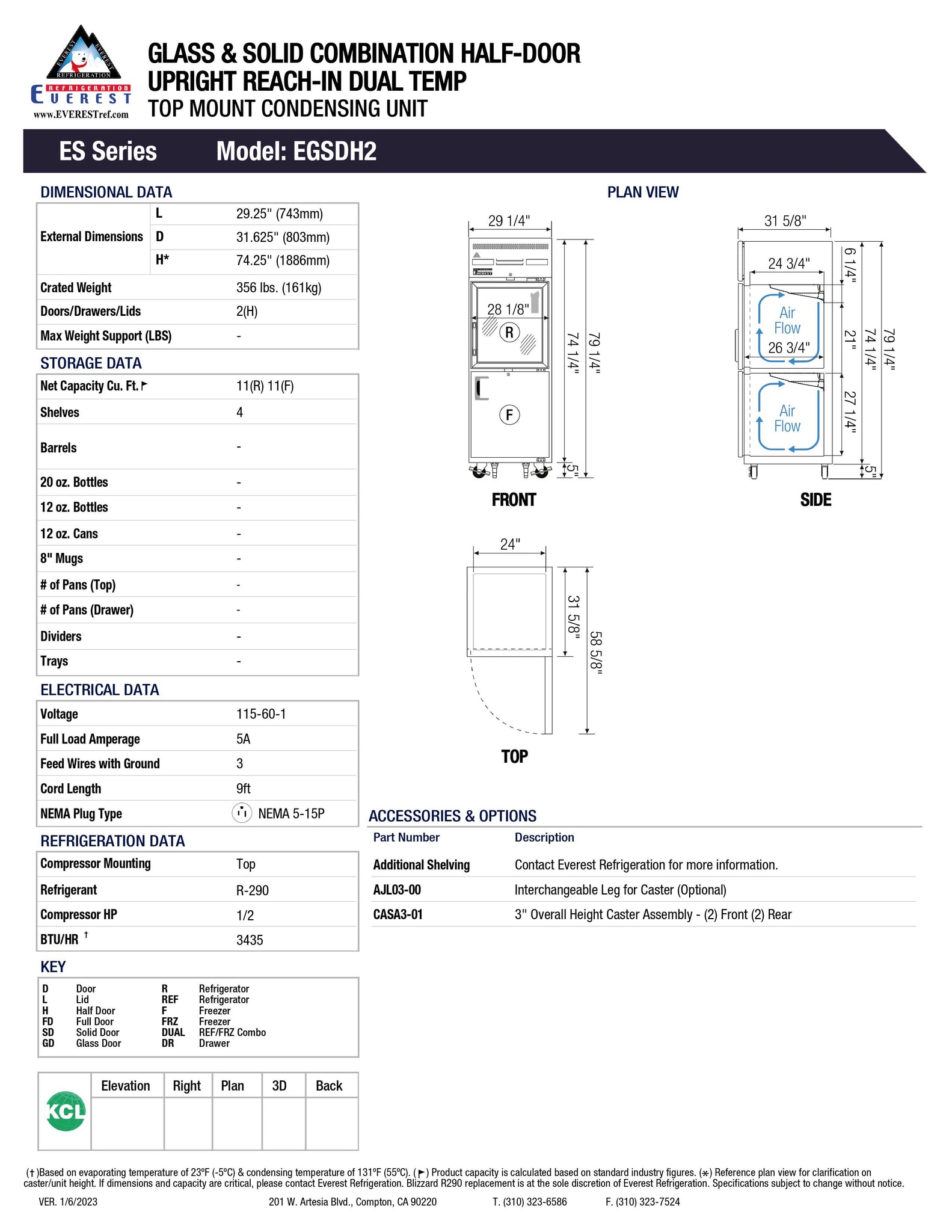 Everest EGSDH2 29" One Section Half Door Dual Temperature Reach-In Refrigerator / Freezer with Top Glass and Bottom Solid