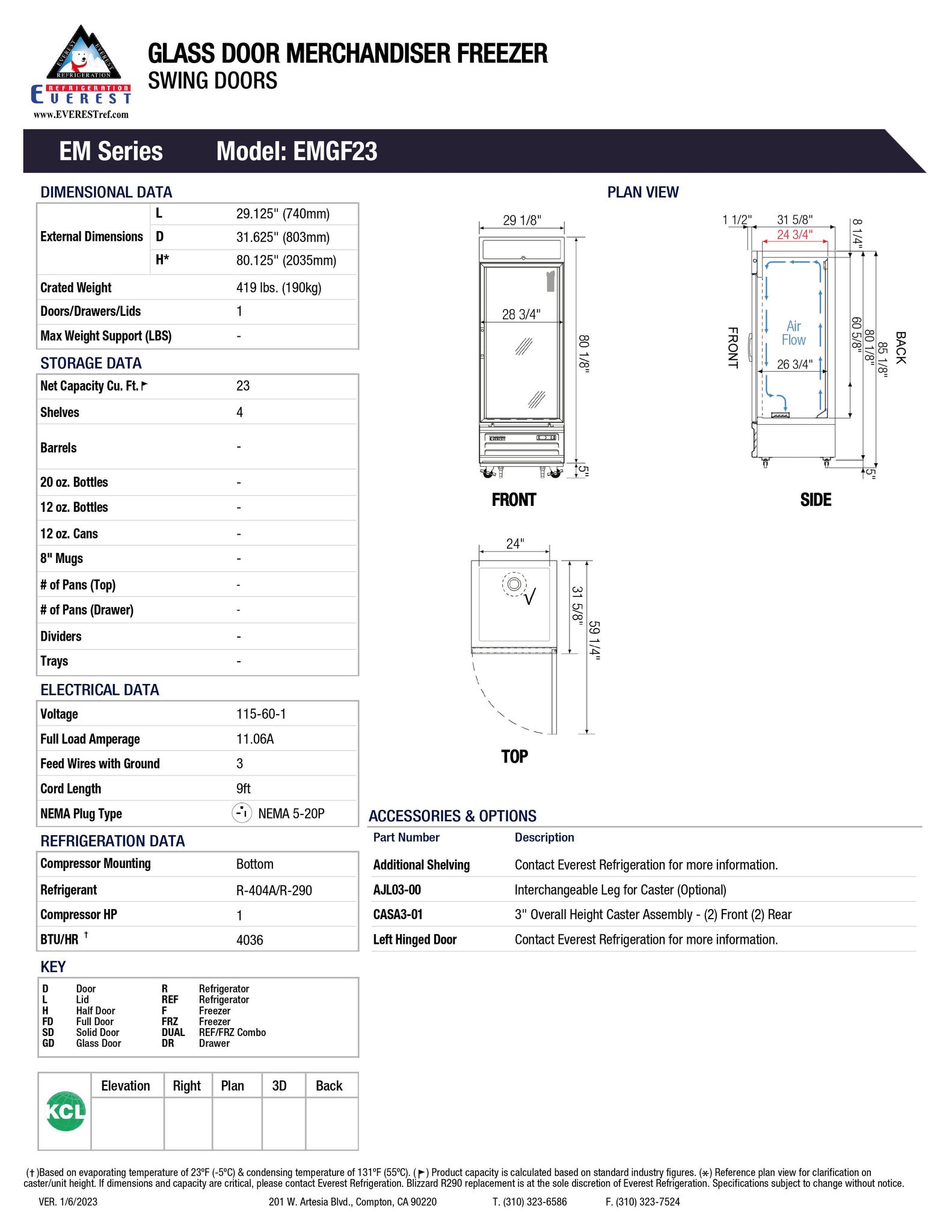 Everest EMGF23 29" One Section Glass Door Merchandiser Freezer