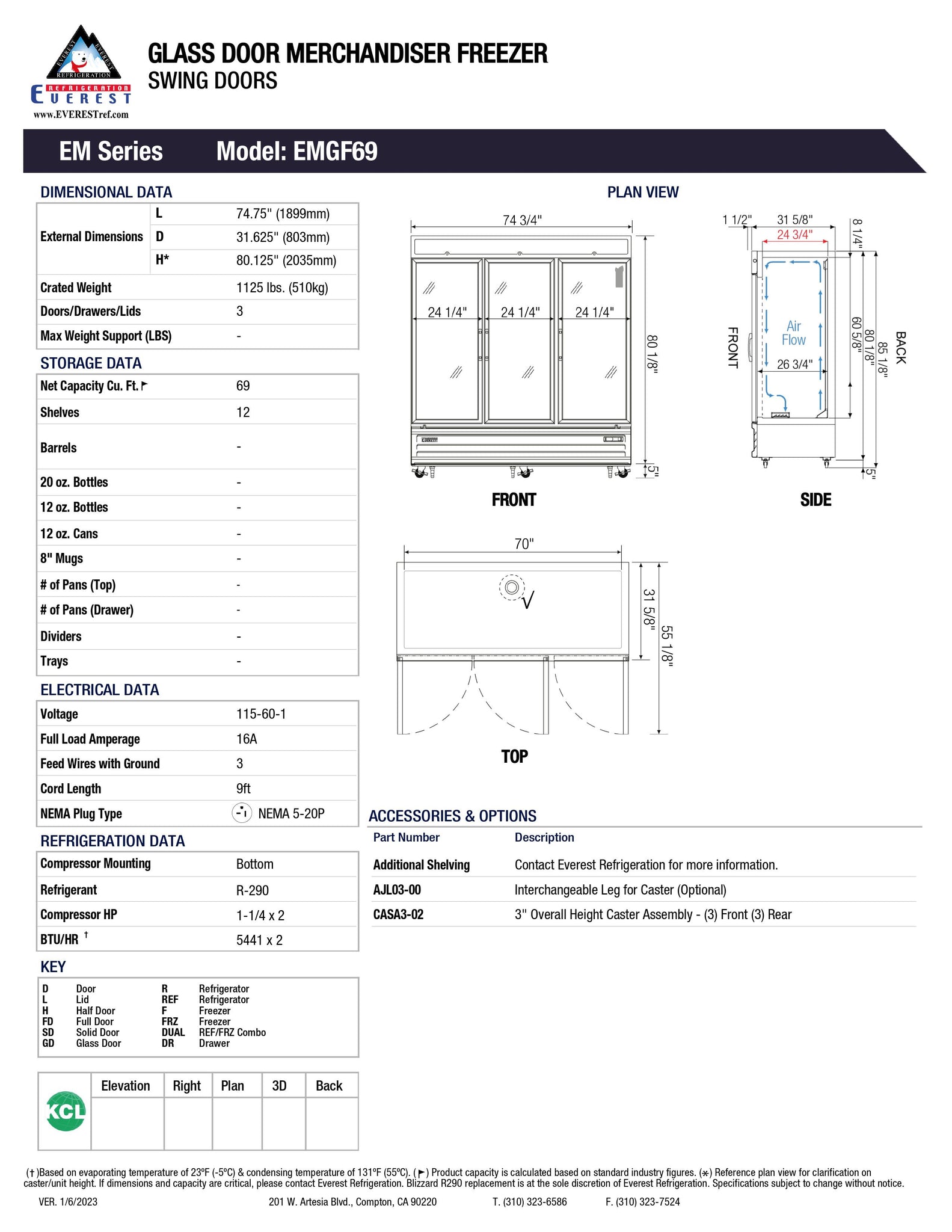 Everest EMGF69 75" Three Section Glass Door Merchandiser Freezer