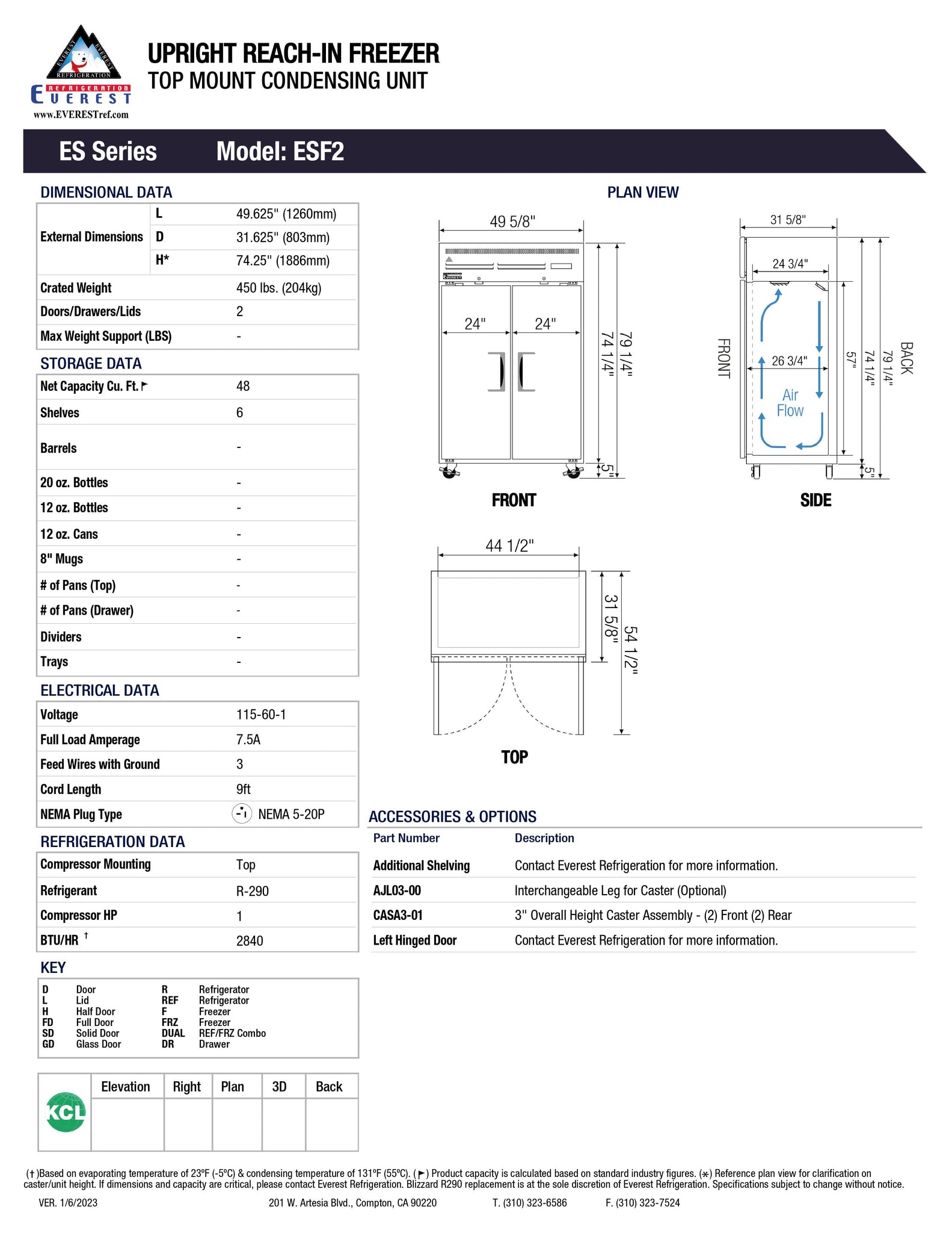 Everest ESF2 50" Two Section Solid Door Reach-In Freezer