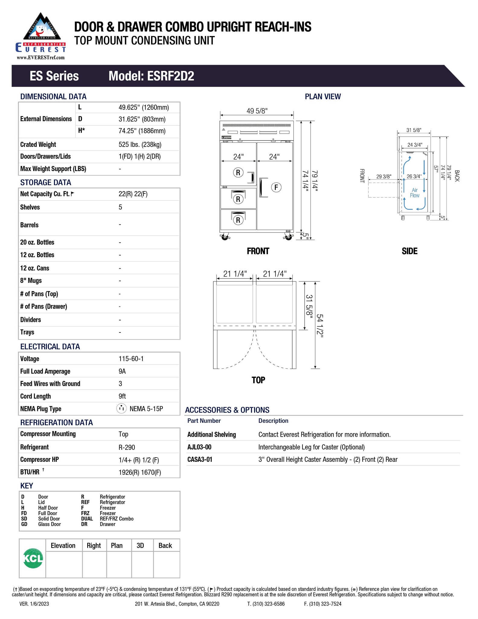 Everest ESRF2D2 50" Two Section Dual Temperature Reach-In Refrigerator / Freezer with 1 Full Door, 1 Half Door, and 2 Drawers