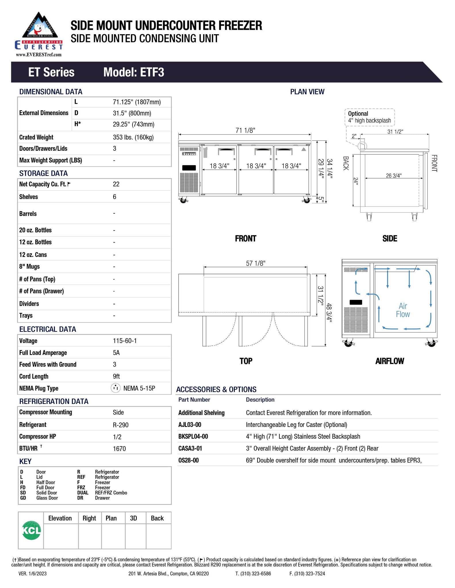 Everest ETF3 72" Three Section Undercounter Freezer