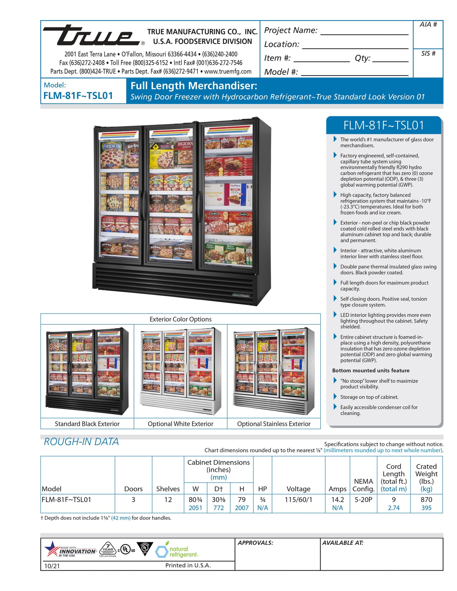 True FLM-81F~TSL01 81" Three Section Glass Door Merchandiser Freezer