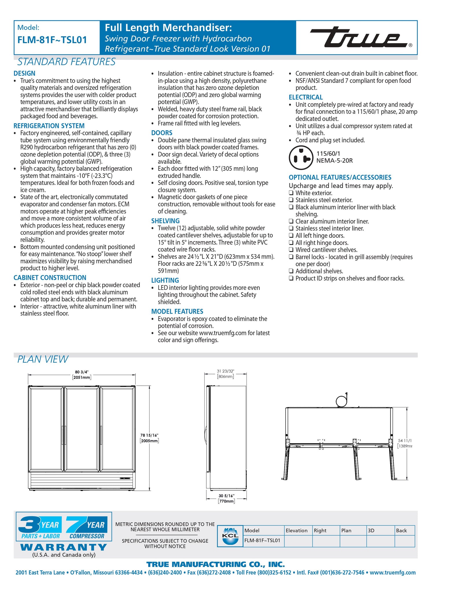 True FLM-81F~TSL01 81" Three Section Glass Door Merchandiser Freezer