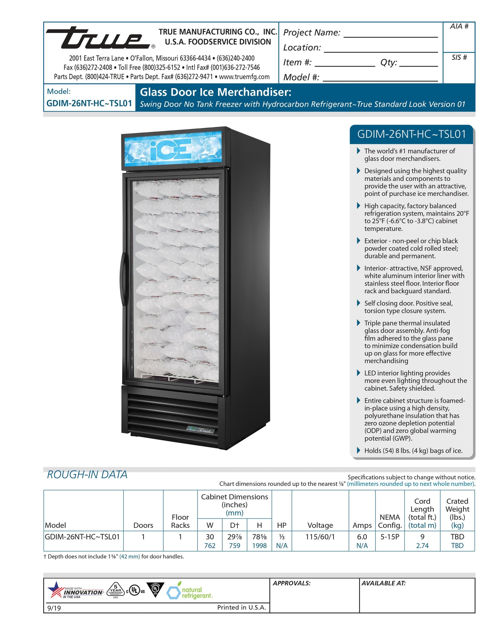 True GDIM-26NT-HC~TSL01 30" One Section Glass Door Ice Merchandiser