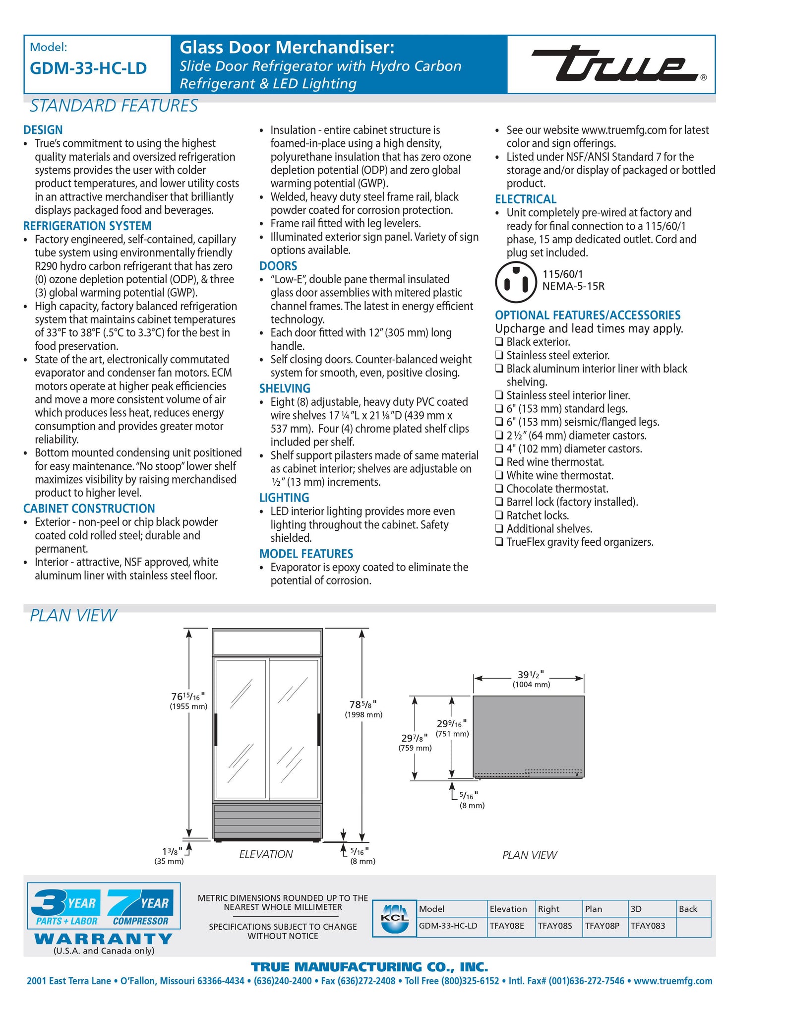 True GDM-33-HC-LD 40" Two Section Glass Door Merchandiser Refrigerator