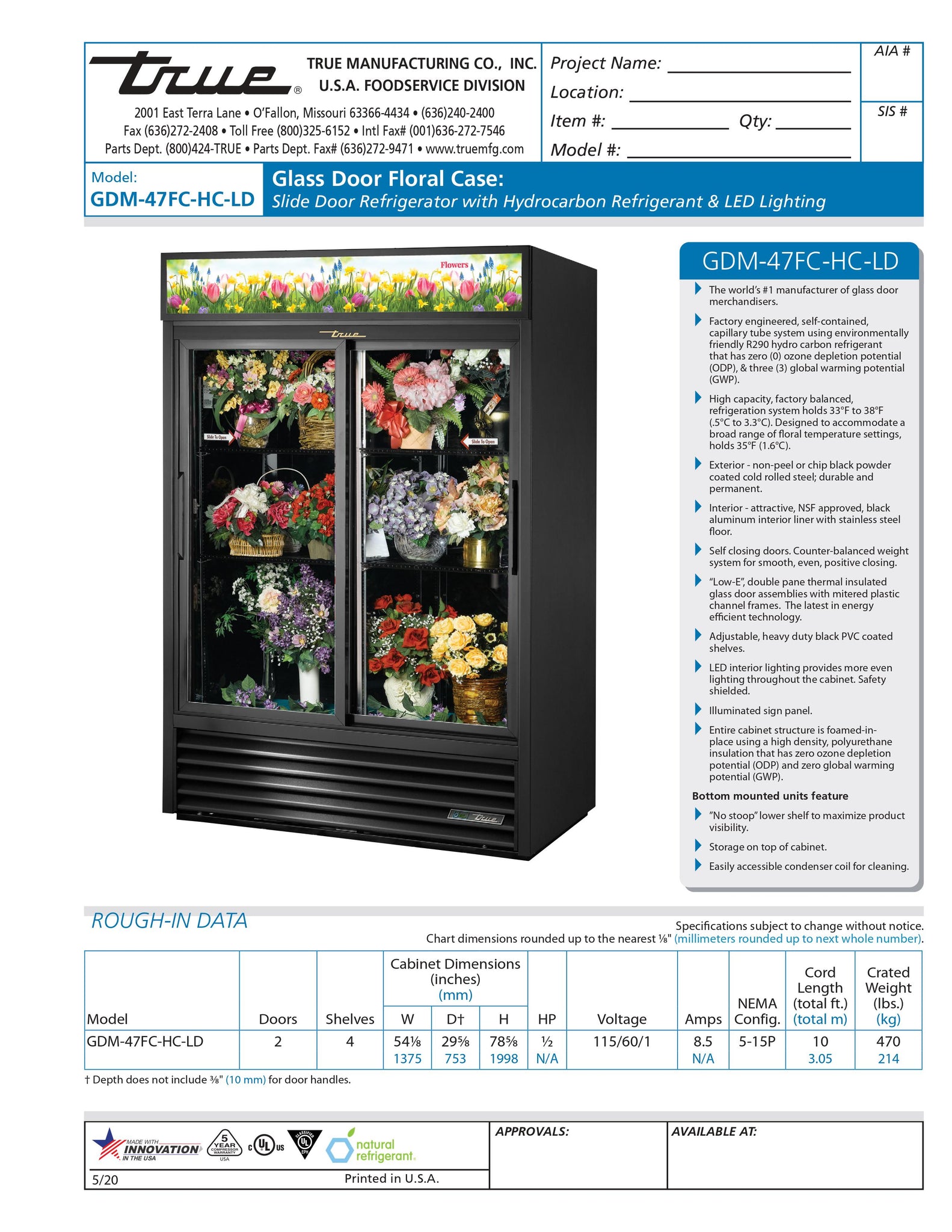 True GDM-47FC-HC-LD 54" Two Section Glass Door Refrigerated Floral Display Case