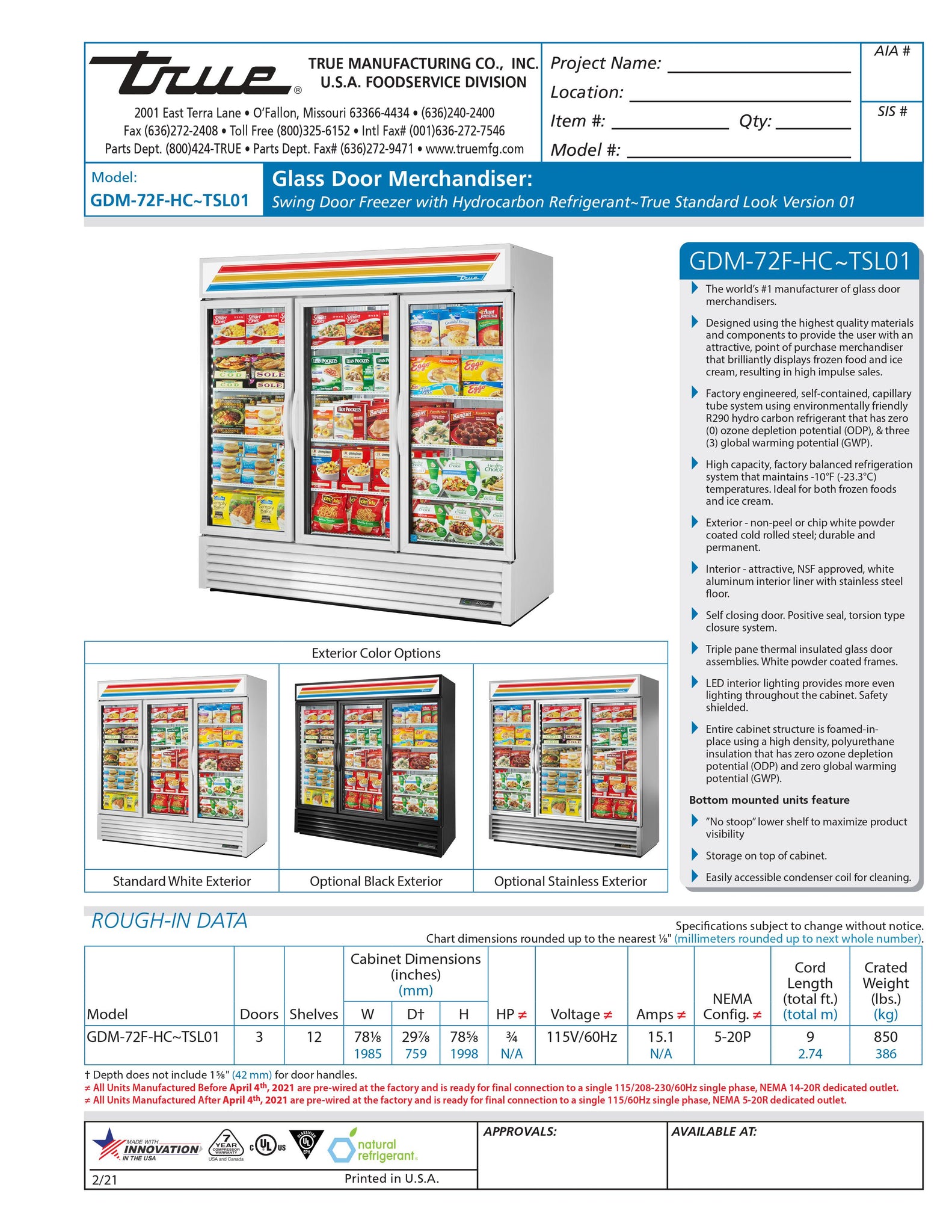 True GDM-72F-HC~TSL01 78" Three Section Glass Door Merchandiser Freezer