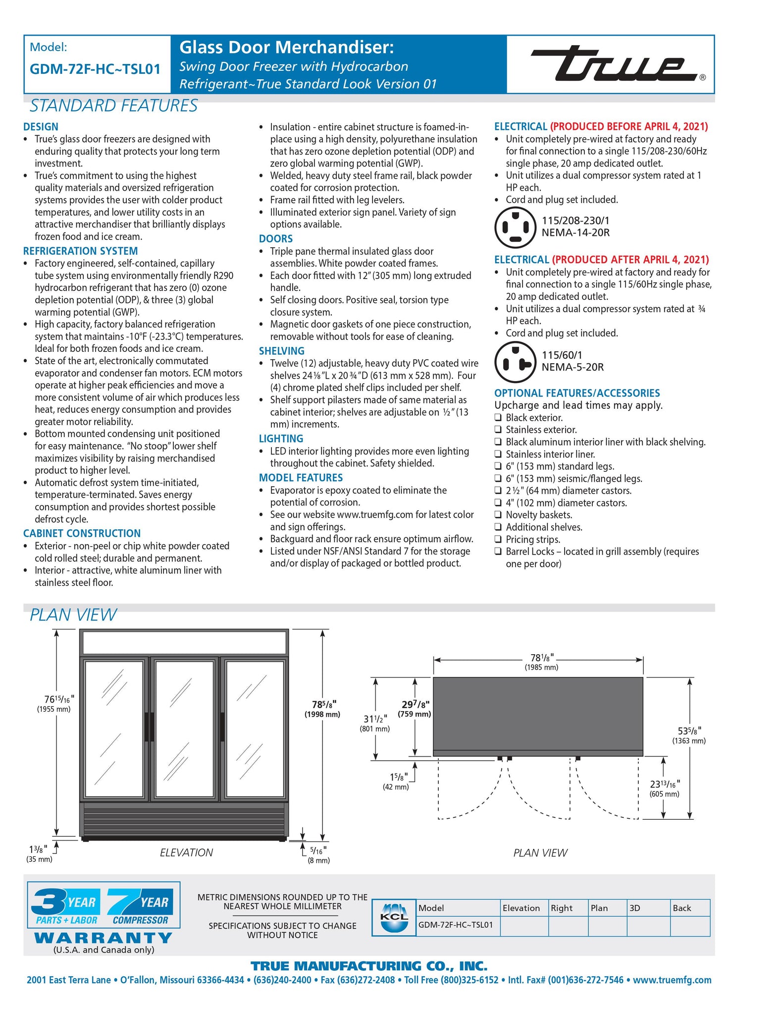 True GDM-72F-HC~TSL01 78" Three Section Glass Door Merchandiser Freezer