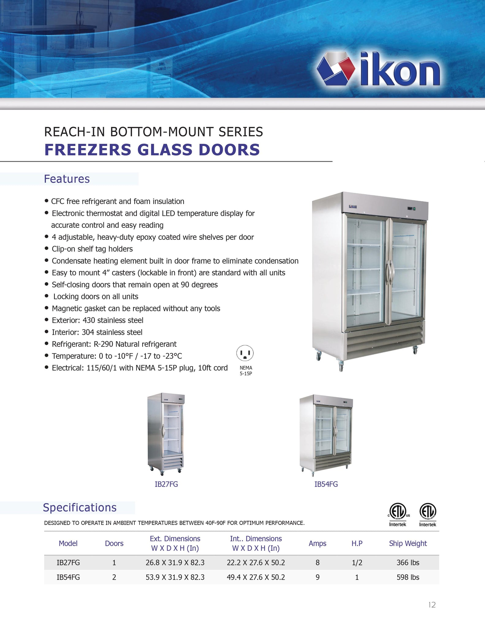 Ikon IB54FG 54" Two Section Glass Door Reach-In Freezer