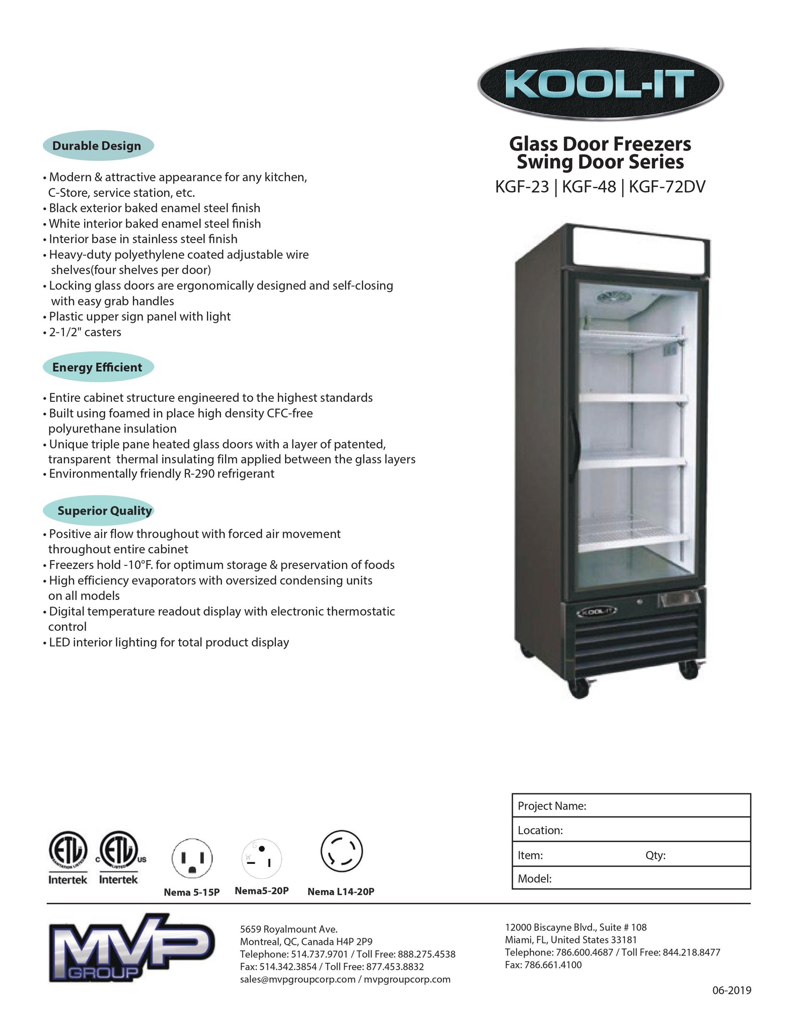 Kool-It KGF-72 DV 81" Three Section Double Volt Glass Door Merchandiser Freezer