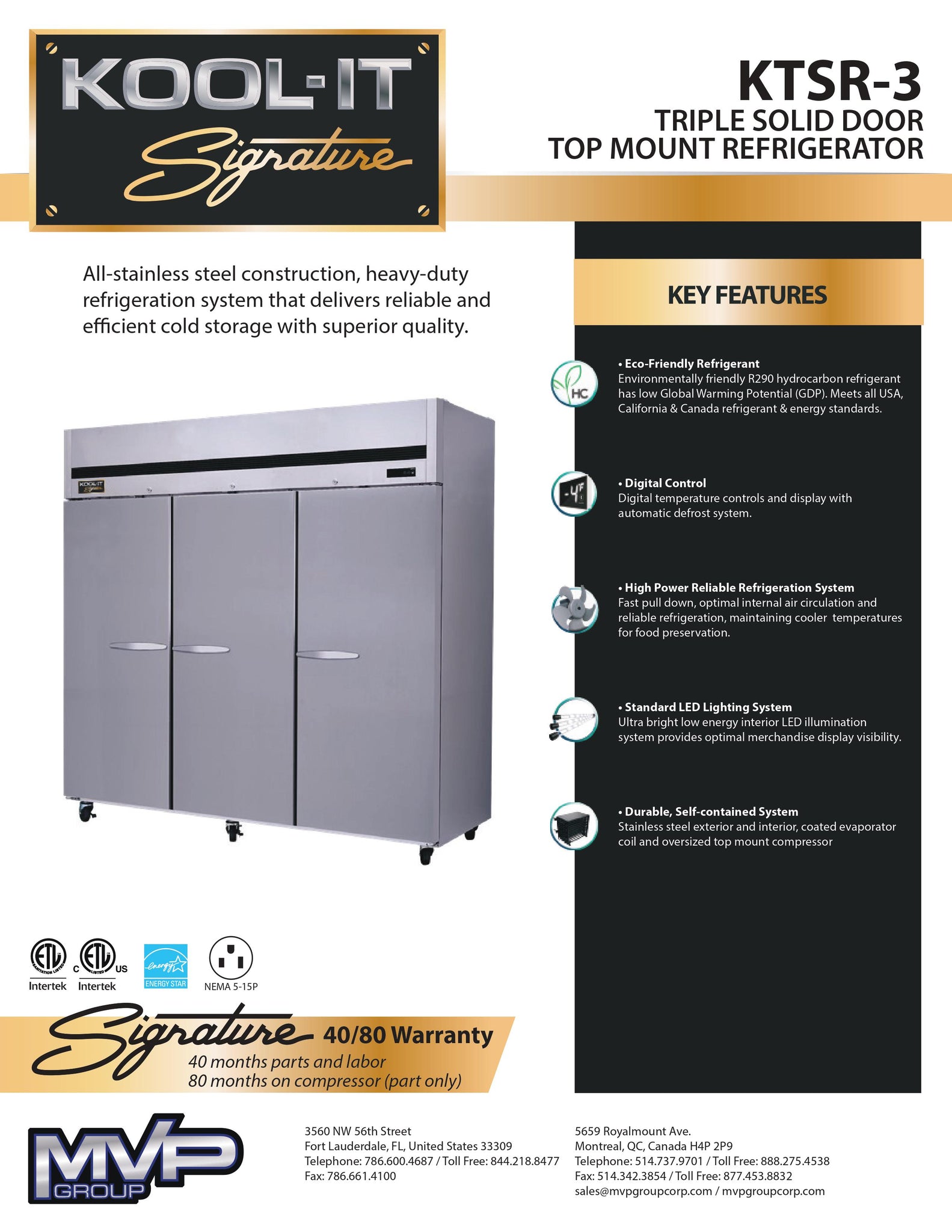 Kool-It Signature KTSF-3 81" Three Section Solid Door Reach-In Freezer