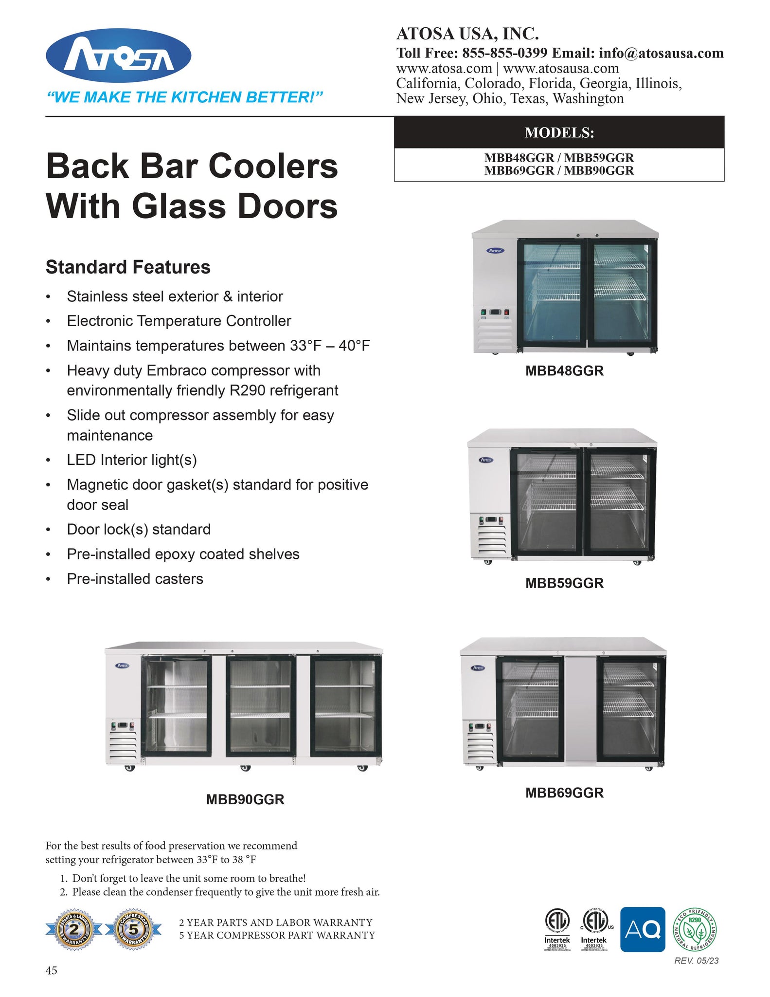 Atosa MBB48GGR 48" Stainless Steel Two Section Glass Door Back Bar Cooler