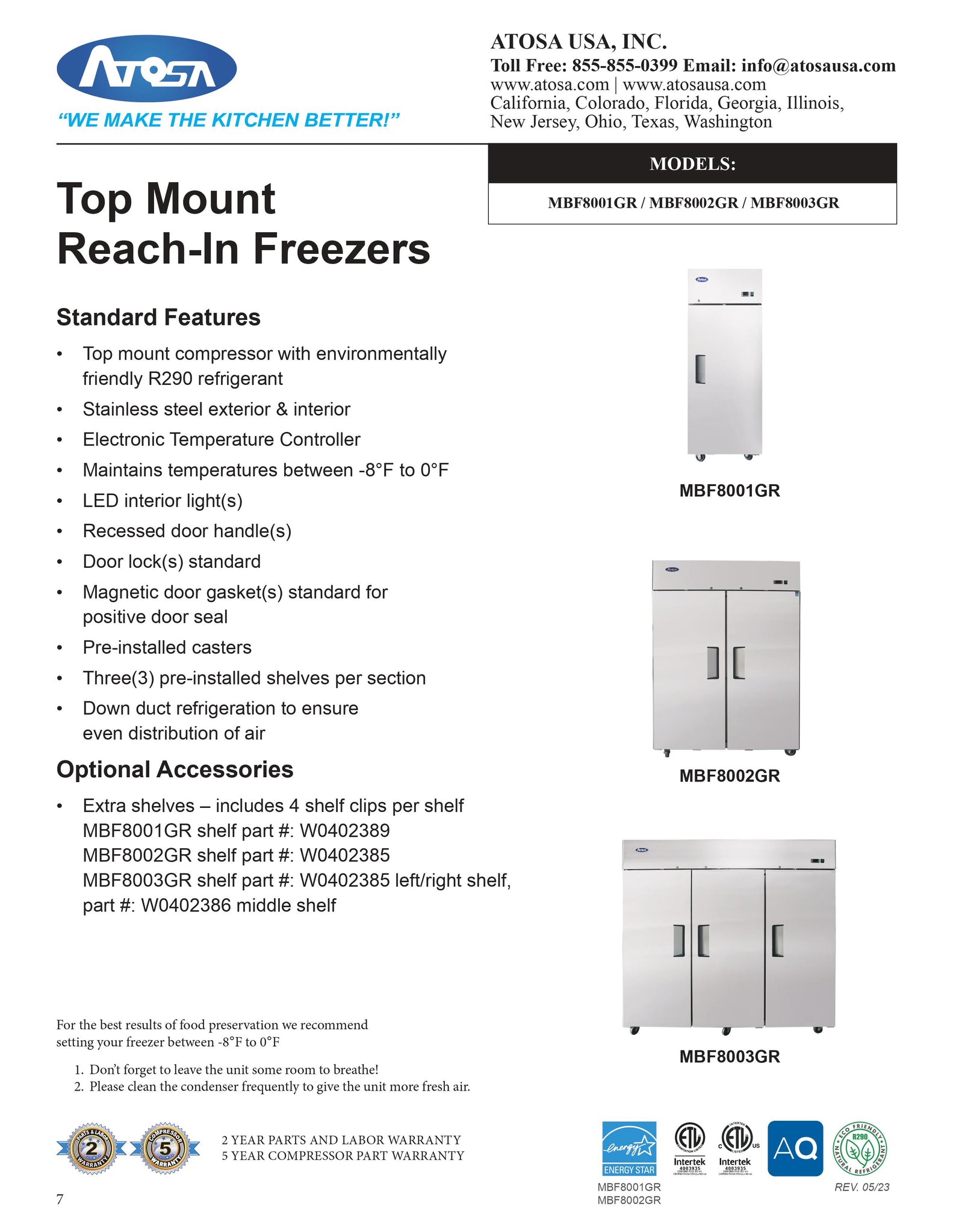 Atosa MBF8003GR 78" Three Section Solid Door Reach-In Freezer