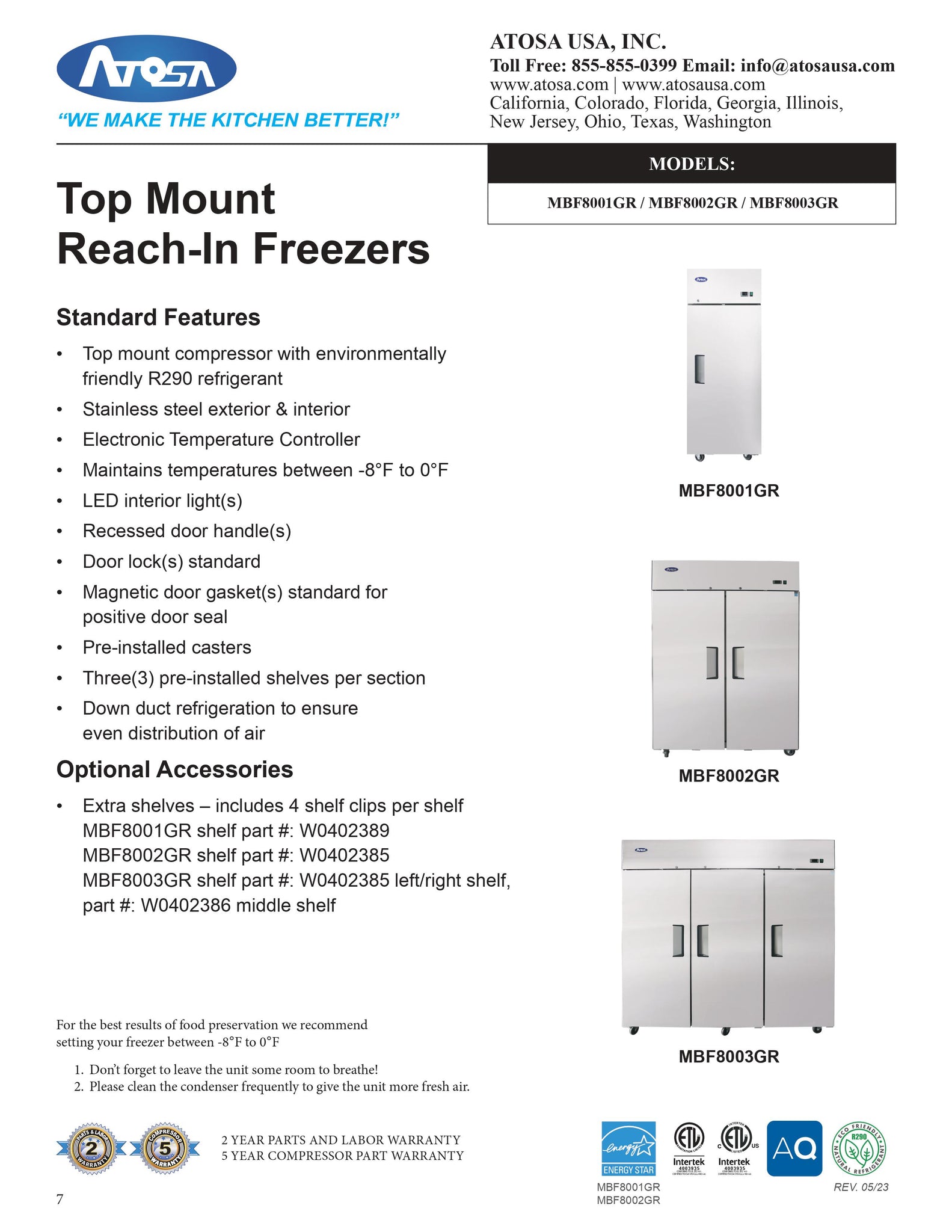 Atosa MBF8002GR 52" Two Section Solid Door Reach-In Freezer