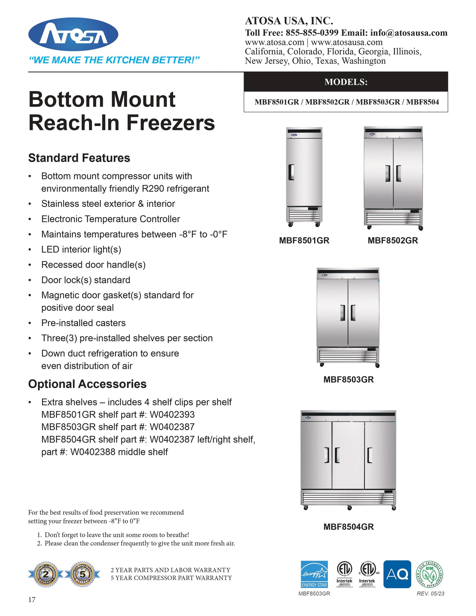 Atosa MBF8504GR 82" Three Section Solid Door Reach-In Freezer