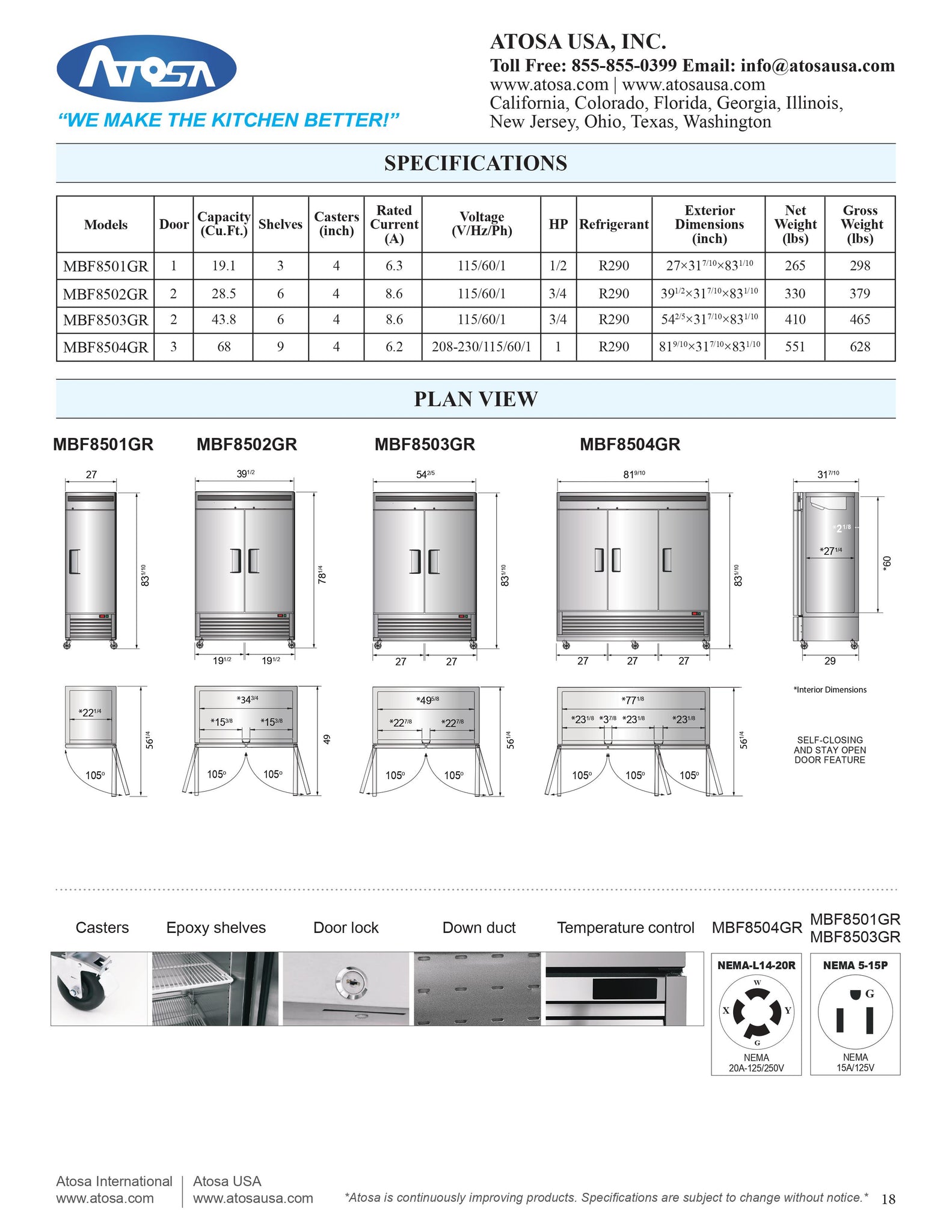 Atosa MBF8504GR 82" Three Section Solid Door Reach-In Freezer