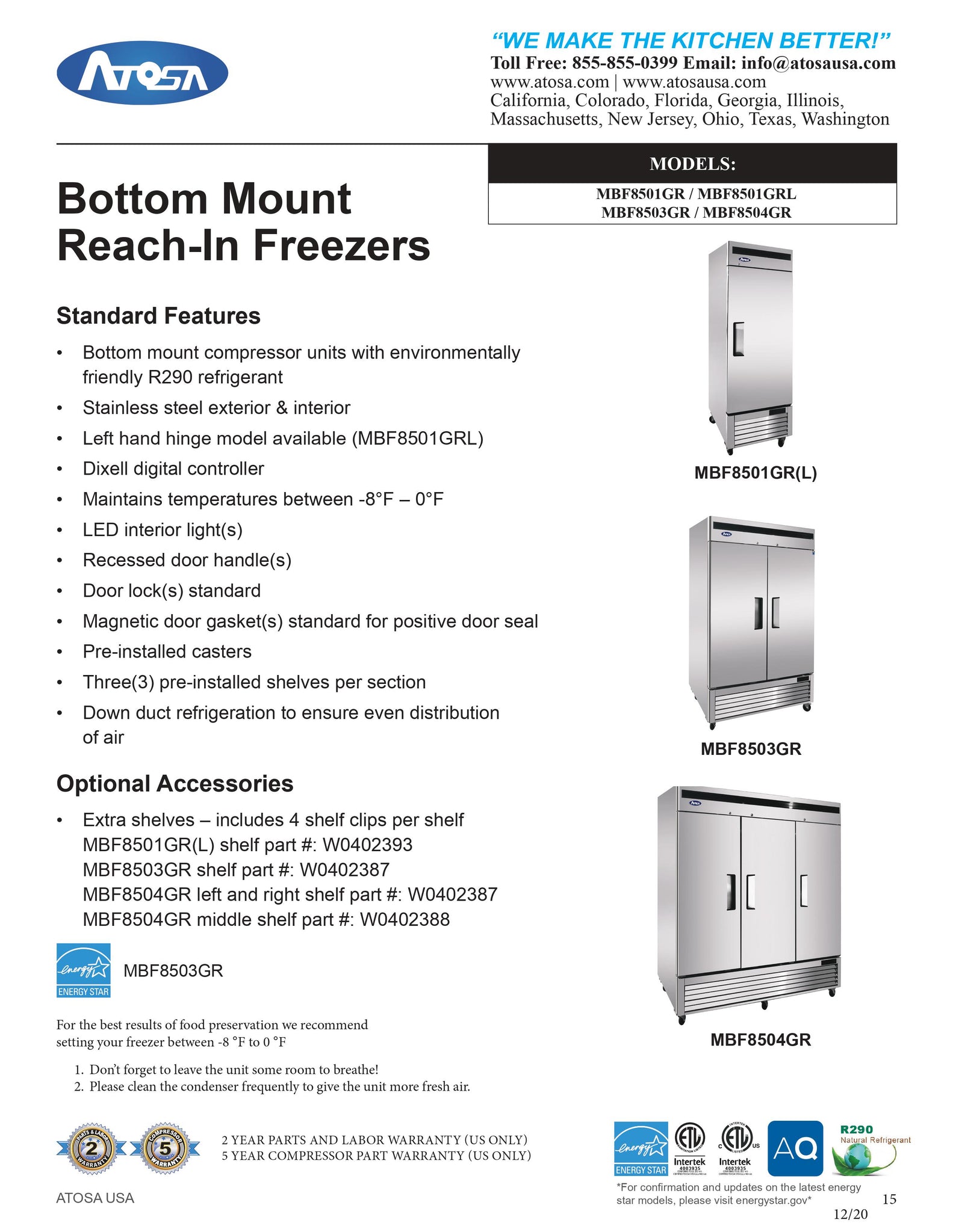 Atosa MBF8501GRL 27" One Section Solid Door Reach-In Freezer - Left Hand Hinge