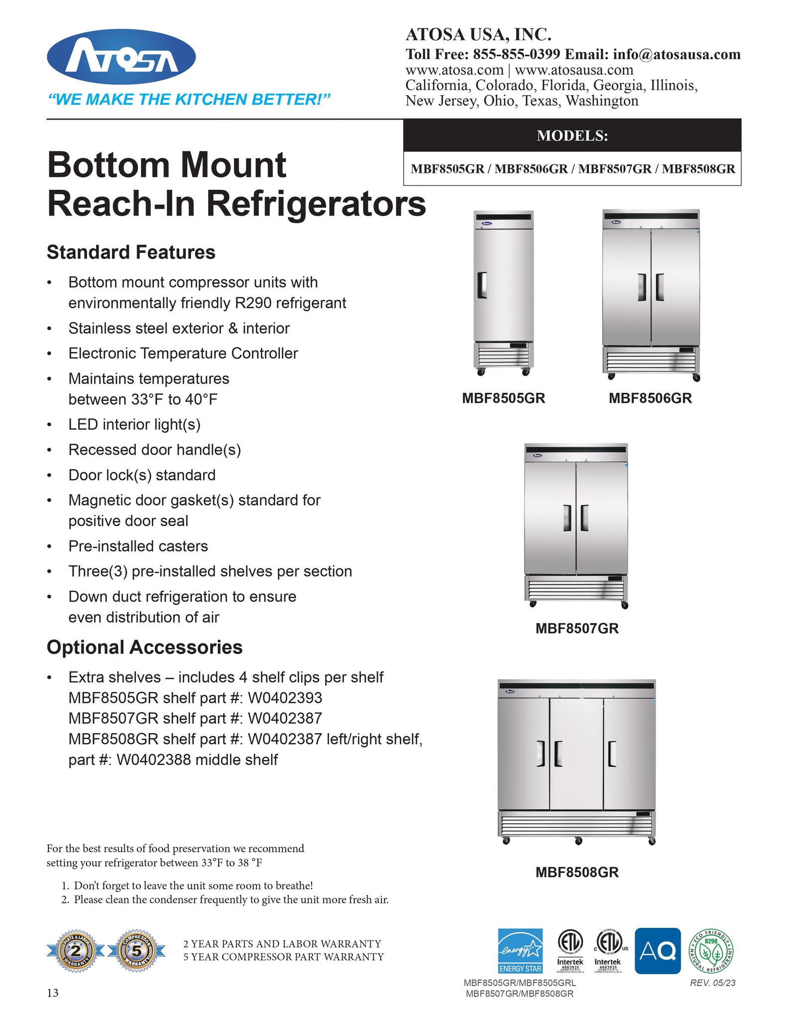 Atosa MBF8507GR 54" Two Section Solid Door Reach-In Refrigerator