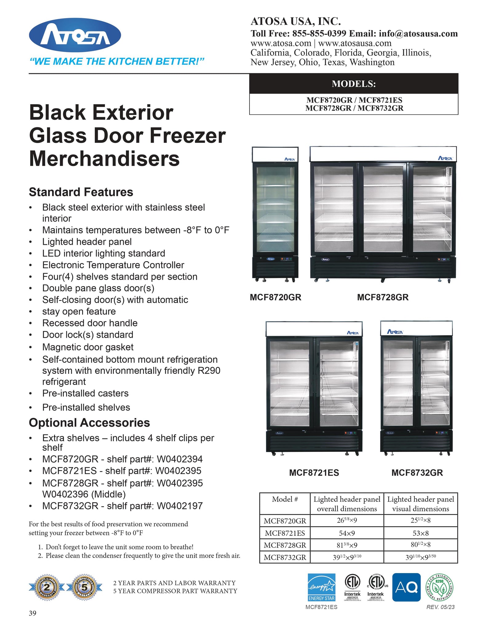 Atosa MCF8732GR 40" Two Section Glass Door Merchandiser Freezer