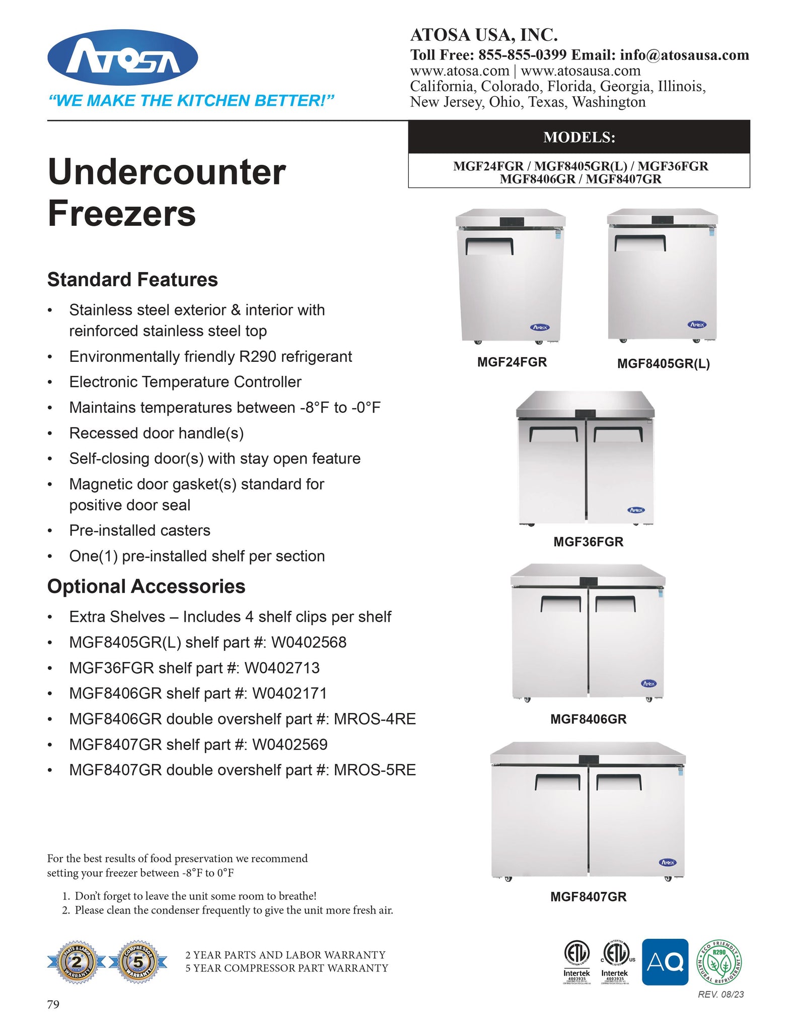 Atosa MGF24FGR 24" One Section Shallow Depth Undercounter Freezer