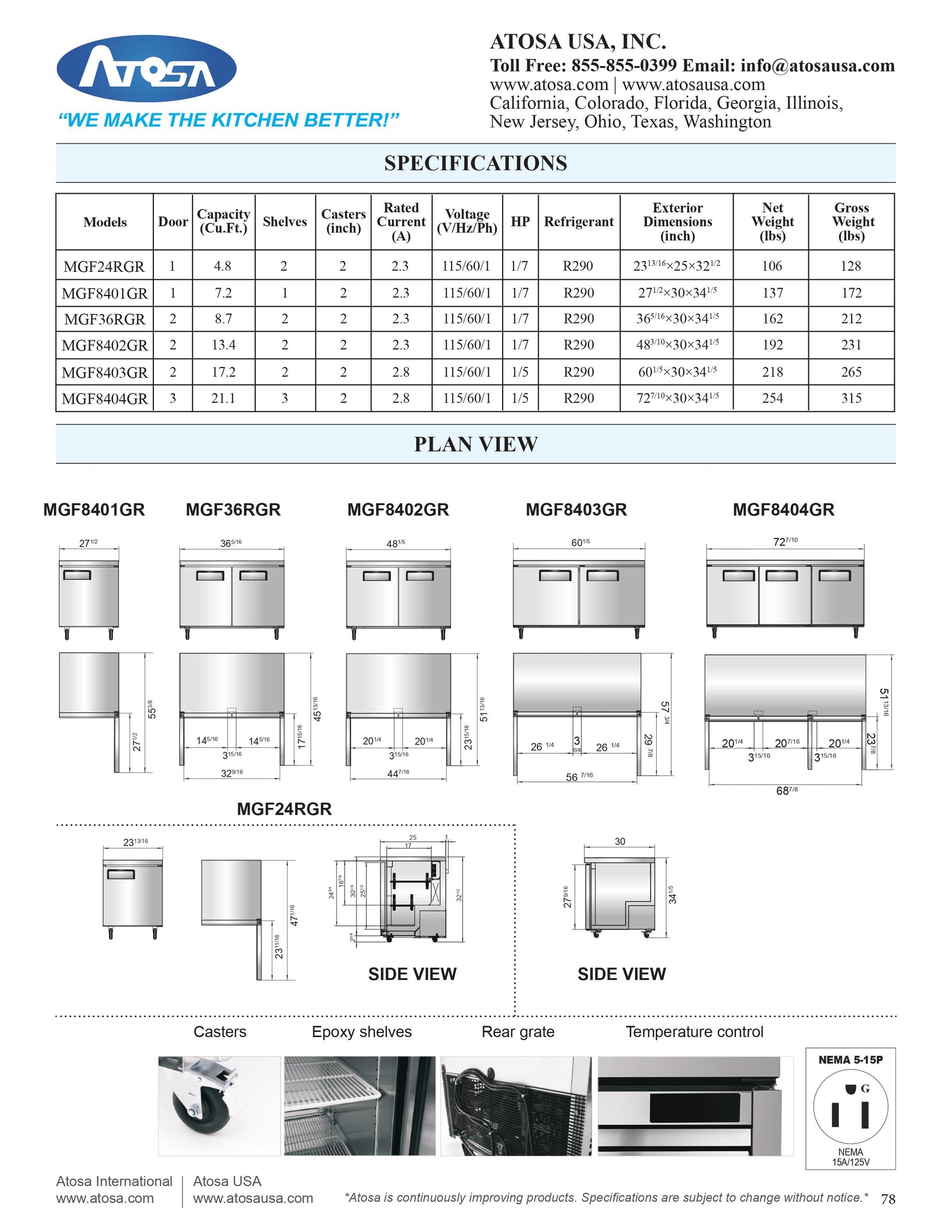 Atosa MGF8404GR 72" Three Section Undercounter Refrigerator