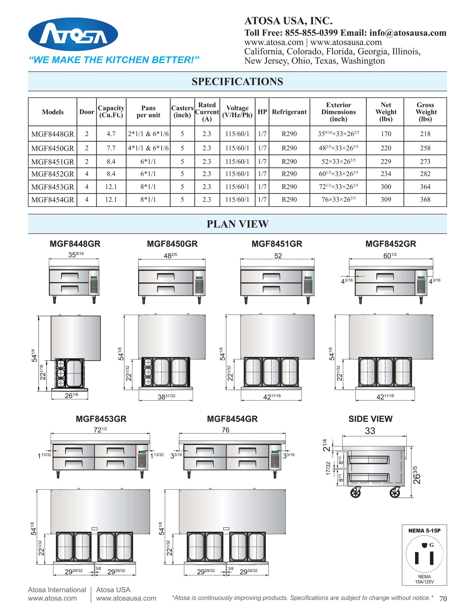 Atosa MGF8452GR 60" Two Drawer Mega Top Refrigerated Chef Base