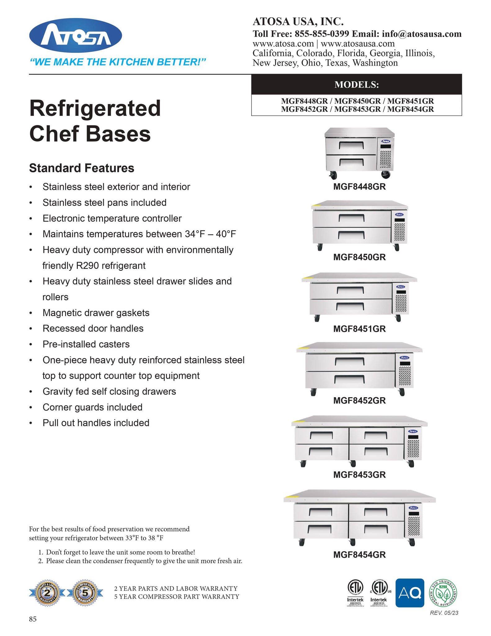 Atosa MGF8450GR 48" Two Drawer Refrigerated Chef Base