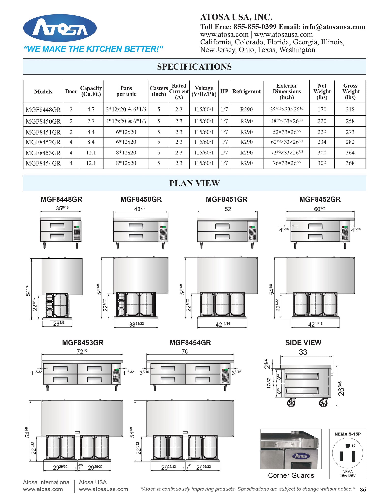 Atosa MGF8453GR 72" Four Drawer Refrigerated Chef Base