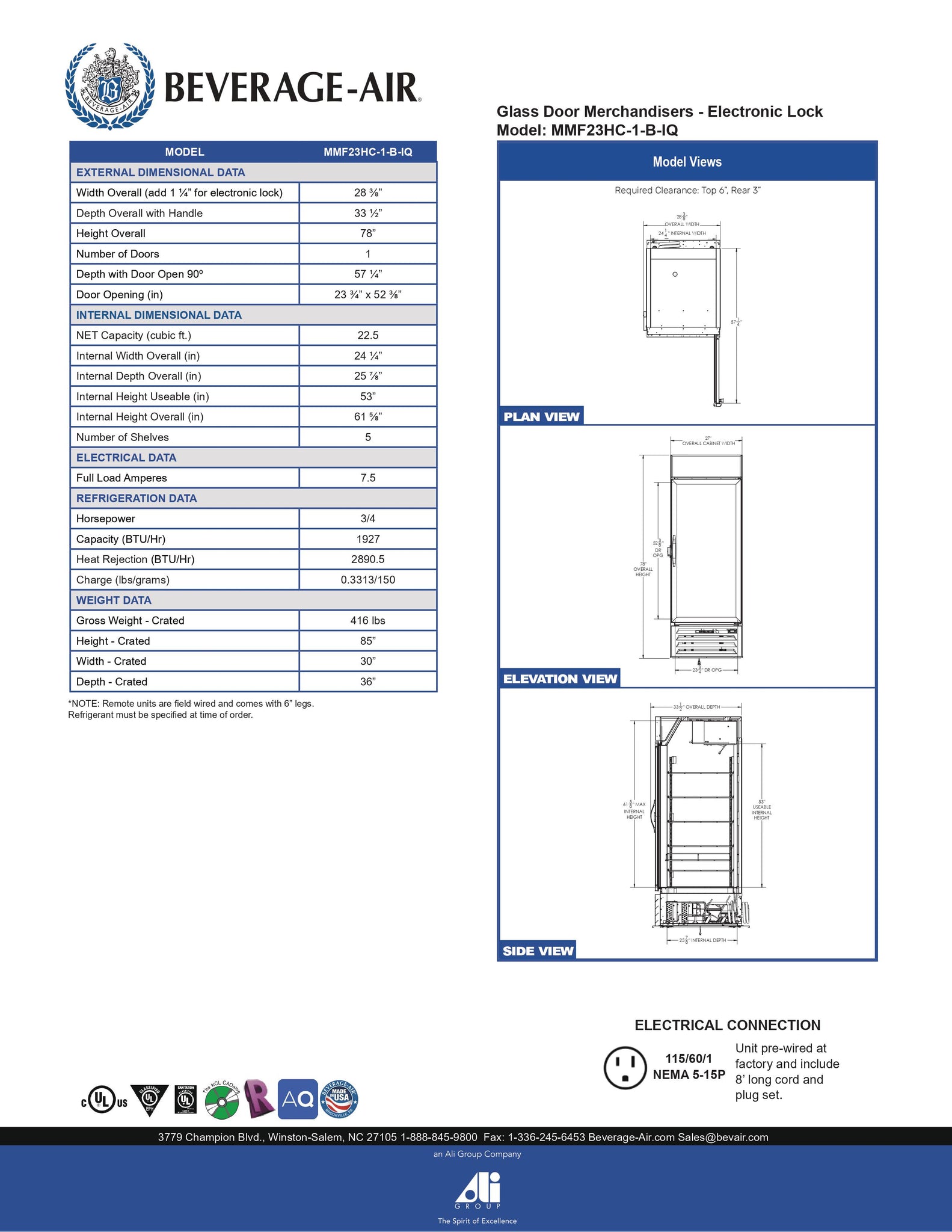 Beverage-Air MMF23HC-1-B-IQ 28" MarketMax IQ Series One Section Glass Door Merchandiser Freezer