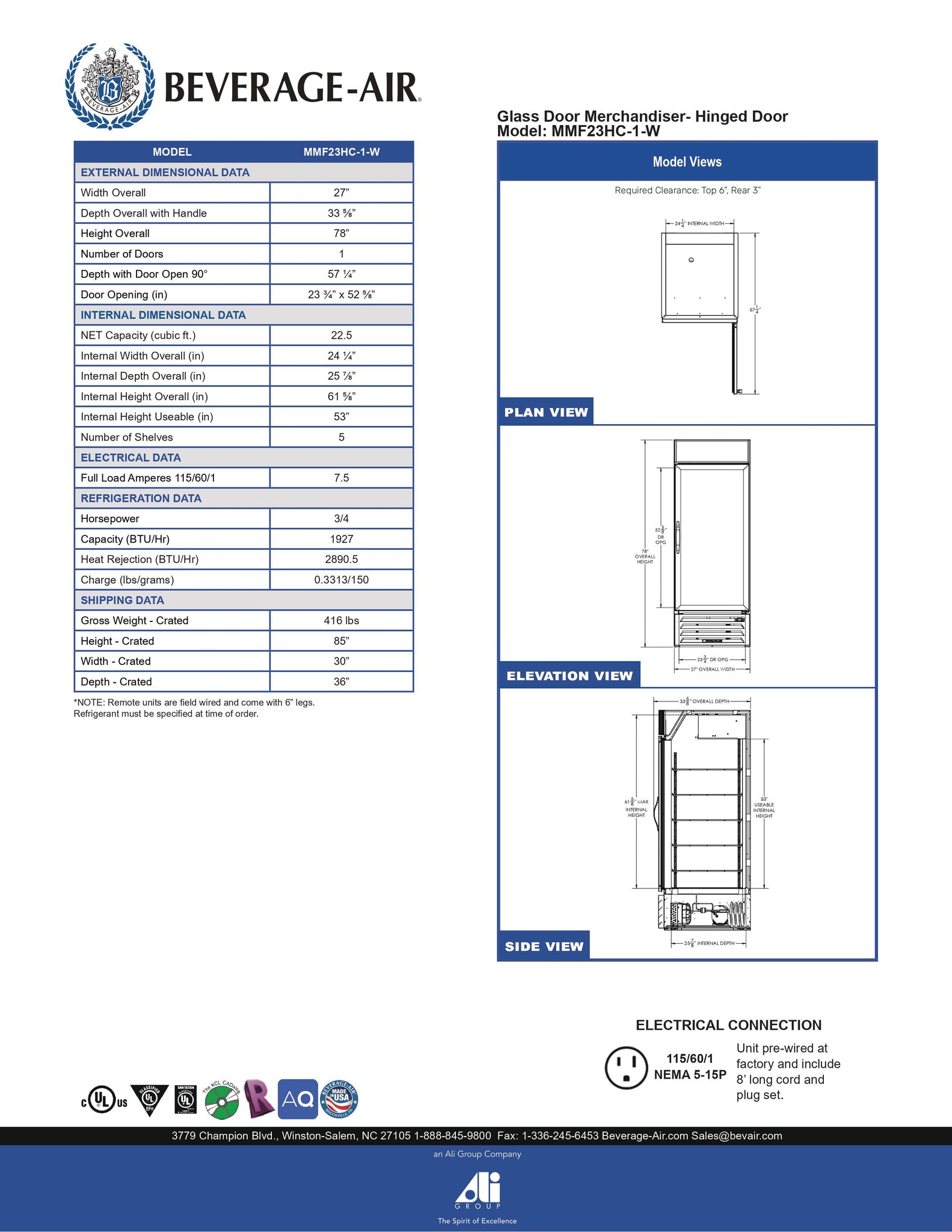 Beverage-Air MMF23HC-1-W 27" MarketMax Series One Section Glass Door Merchandiser Freezer in White