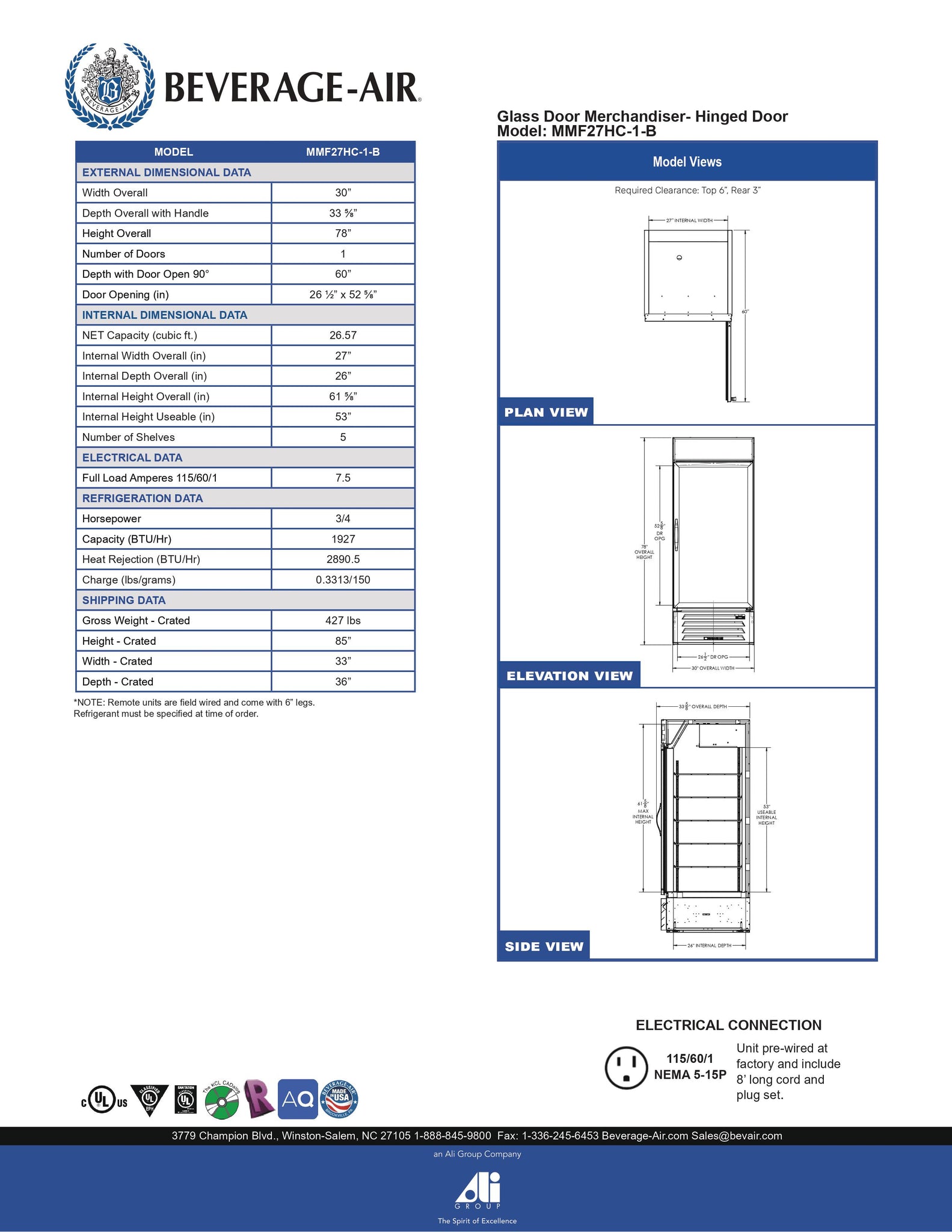 Beverage-Air MMF27HC-1-B 30" MarketMax Series One Section Glass Door Merchandiser Freezer