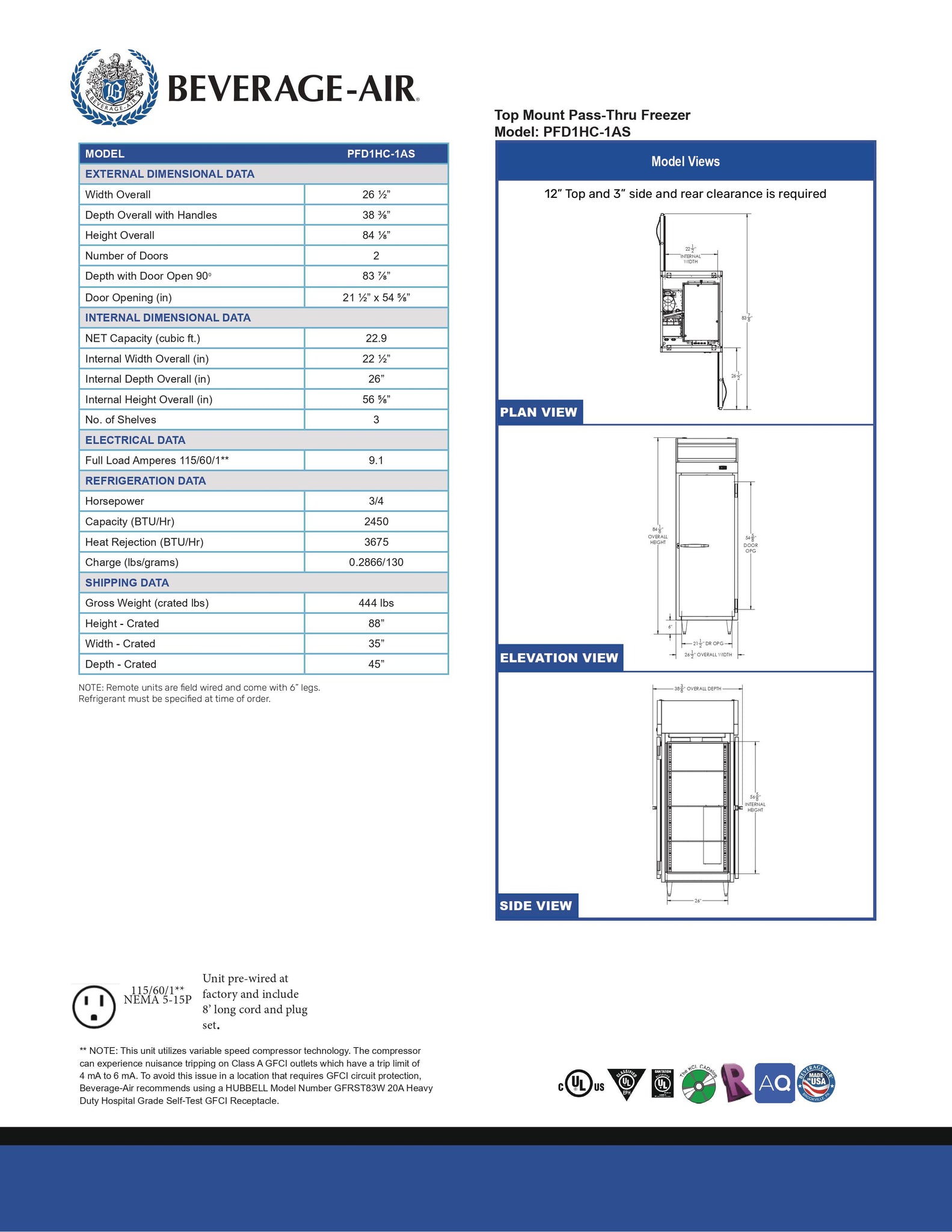 Beverage-Air PFD1HC-1AS 27" P Series One Section Solid Door Pass-Through Reach-In Freezer