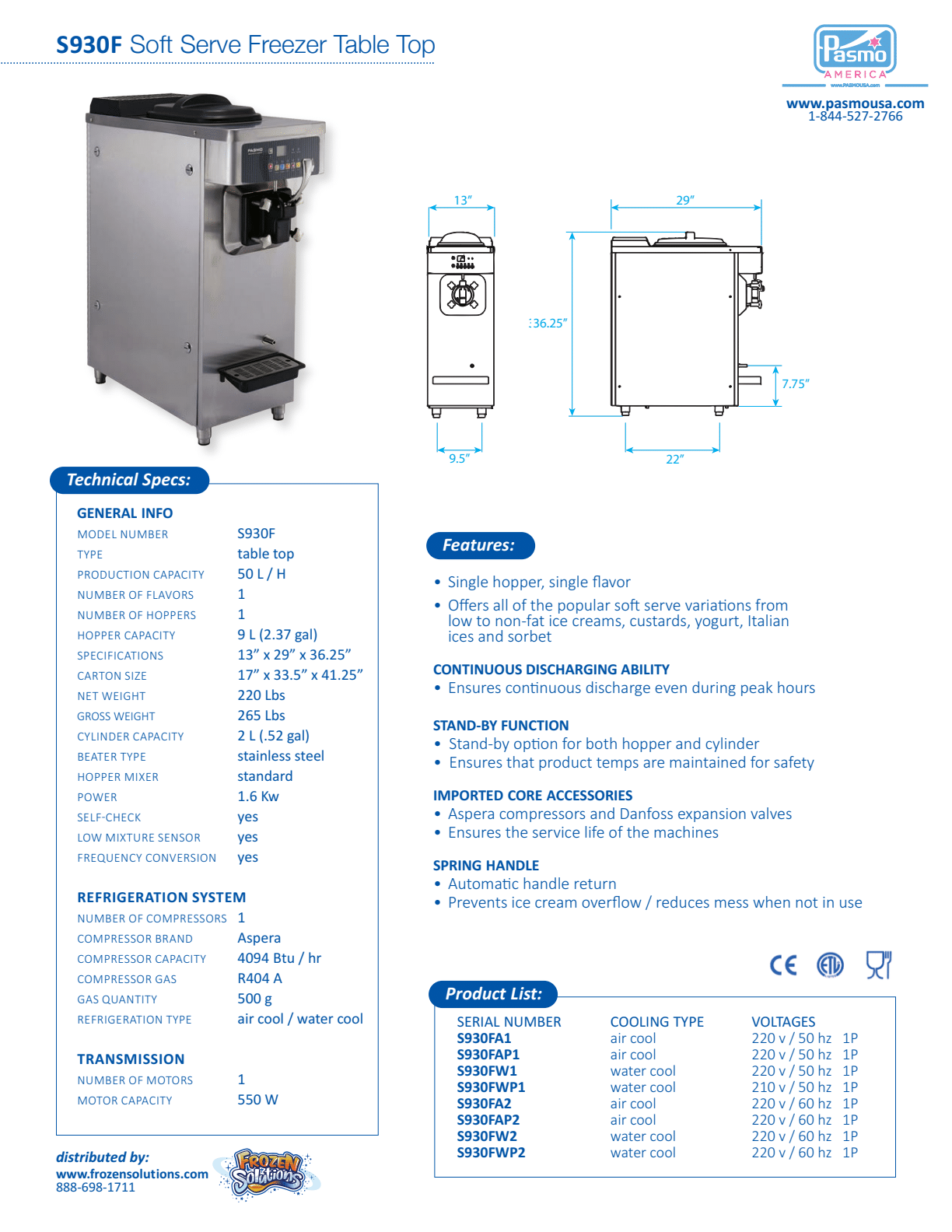 Pasmo S930FAP2 Air Cooled Countertop Soft Serve Ice Cream Machine with Air Pump, 1 Hopper, and 1 Dispenser - 220V