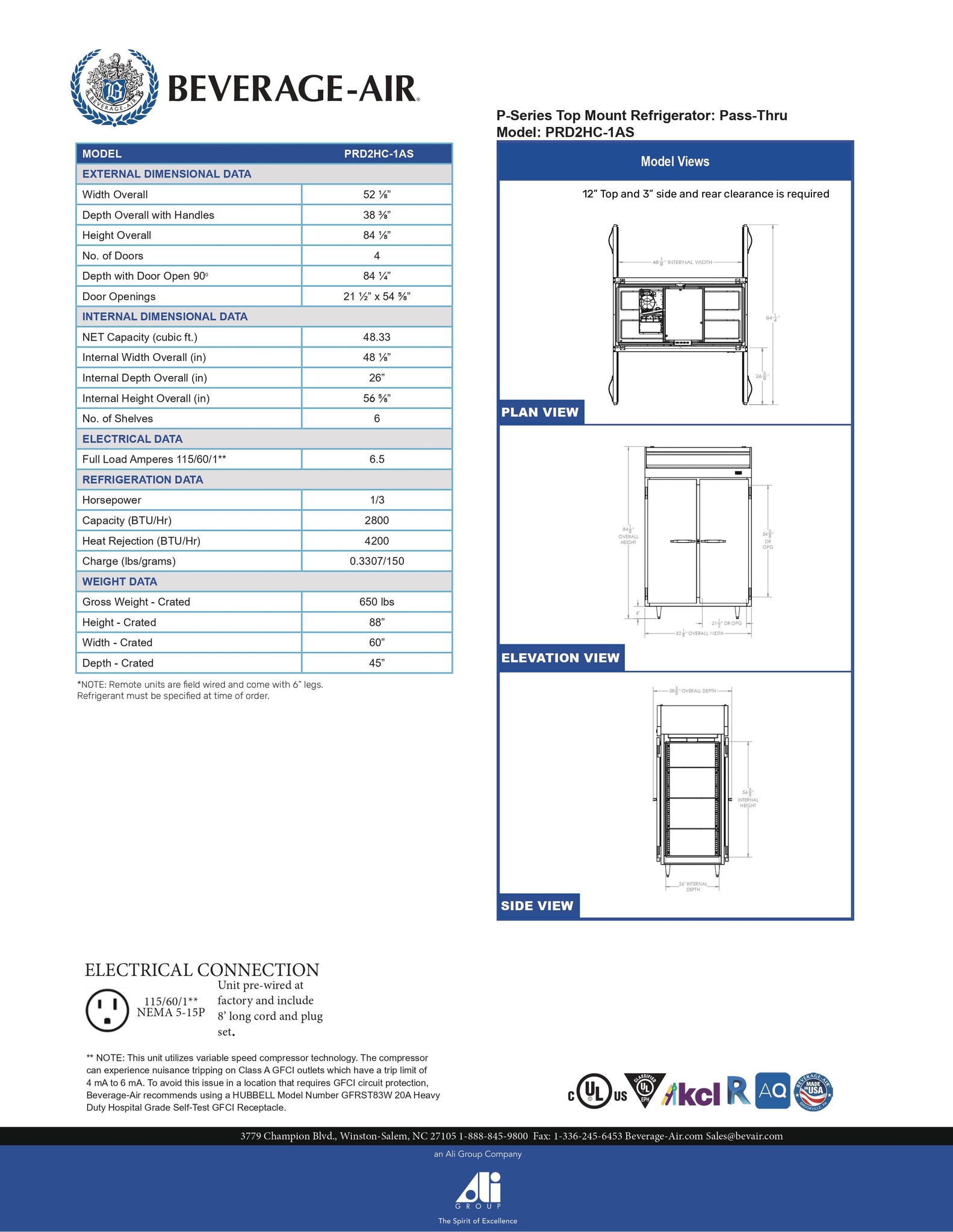 Beverage-Air PRD2HC-1AS 52" P Series Two Section Solid Door Pass-Through Reach-In Refrigerator