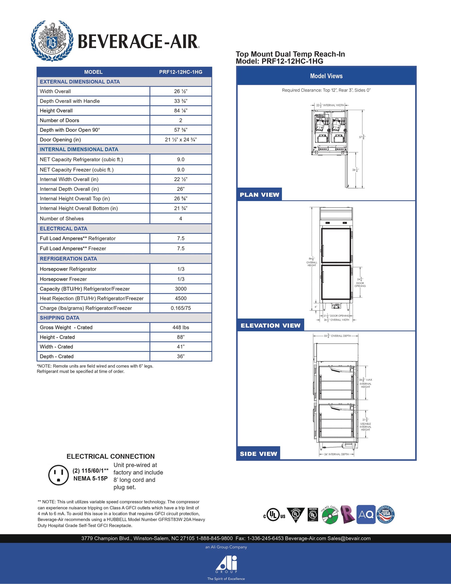 Beverage-Air PRF12-12HC-1HG 27" P Series One Section Glass Half Door Dual Temperature Reach-In Refrigerator / Freezer