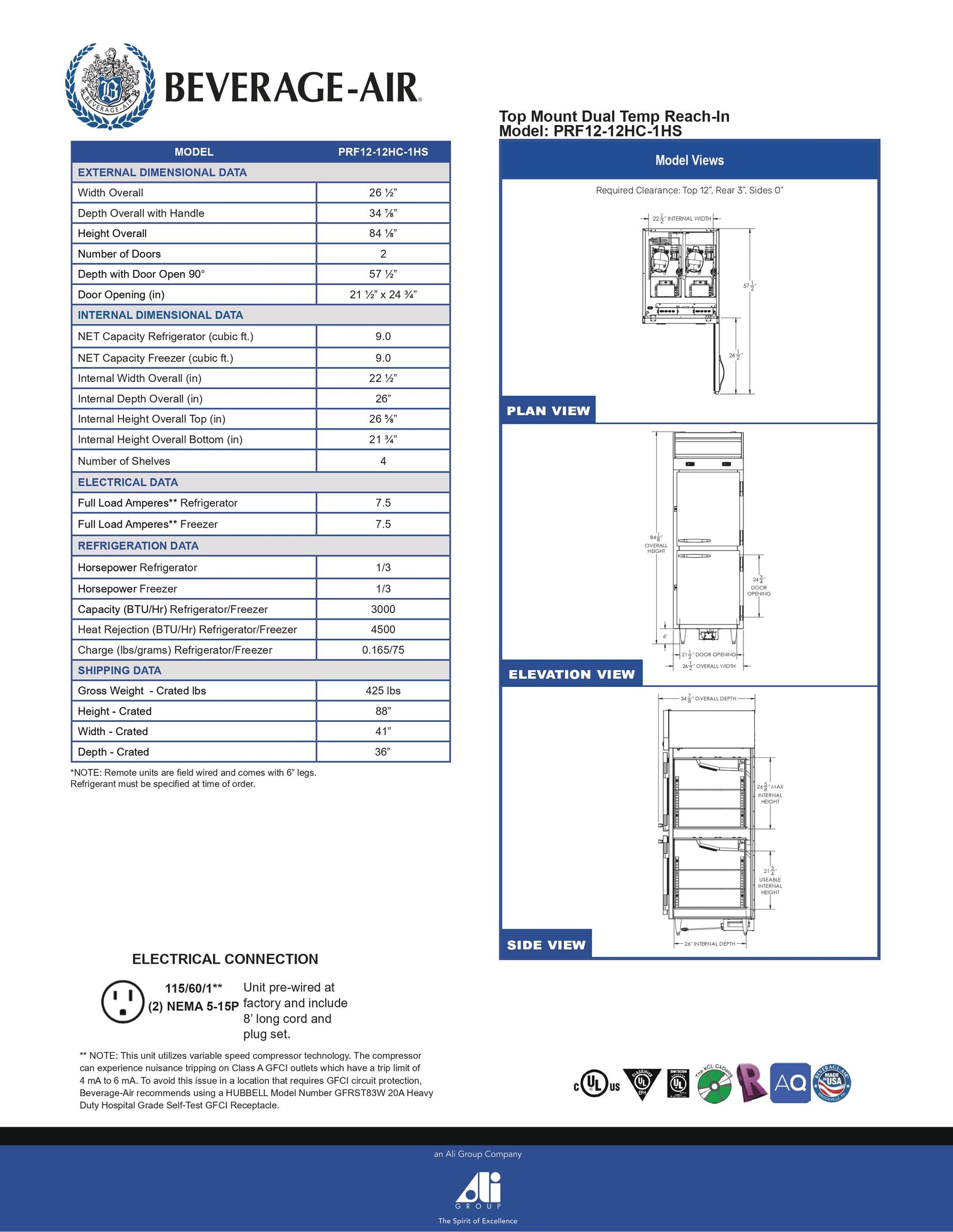 Beverage-Air PRF12-12HC-1HS 27" P Series One Section Solid Half Door Dual Temperature Reach-In Refrigerator / Freezer